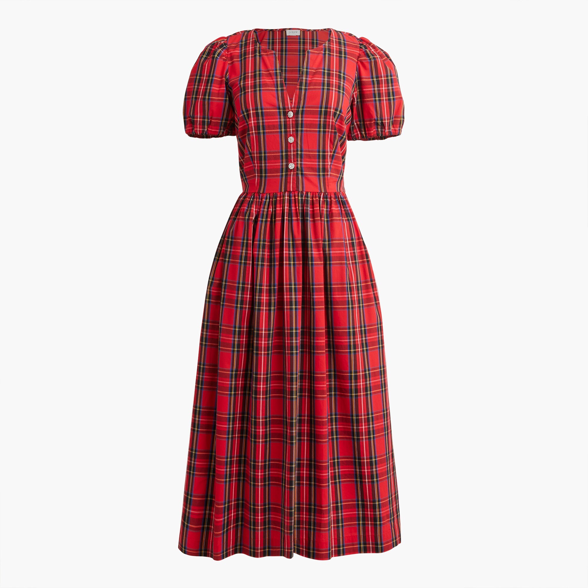 Stewart tartan  puff-sleeve midi dress with jeweled buttons