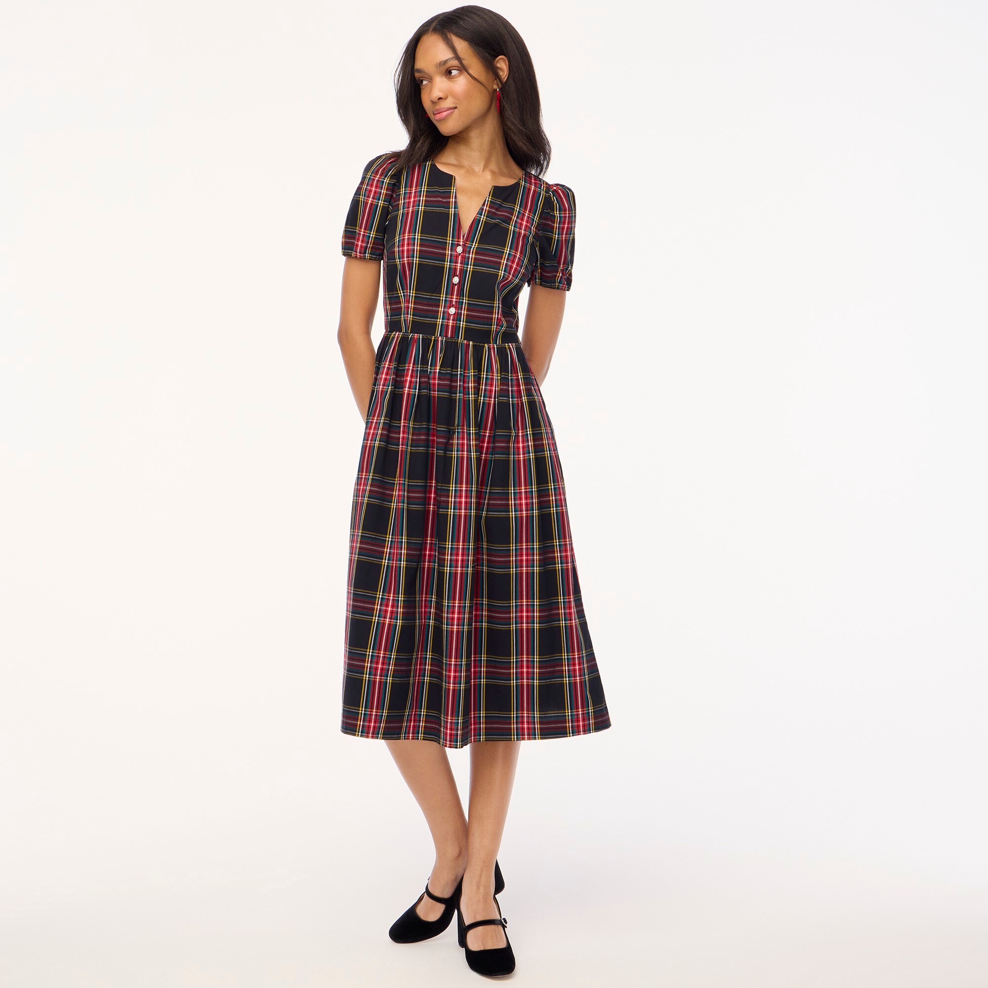 factory: stewart tartan  puff-sleeve midi dress with jeweled buttons for women