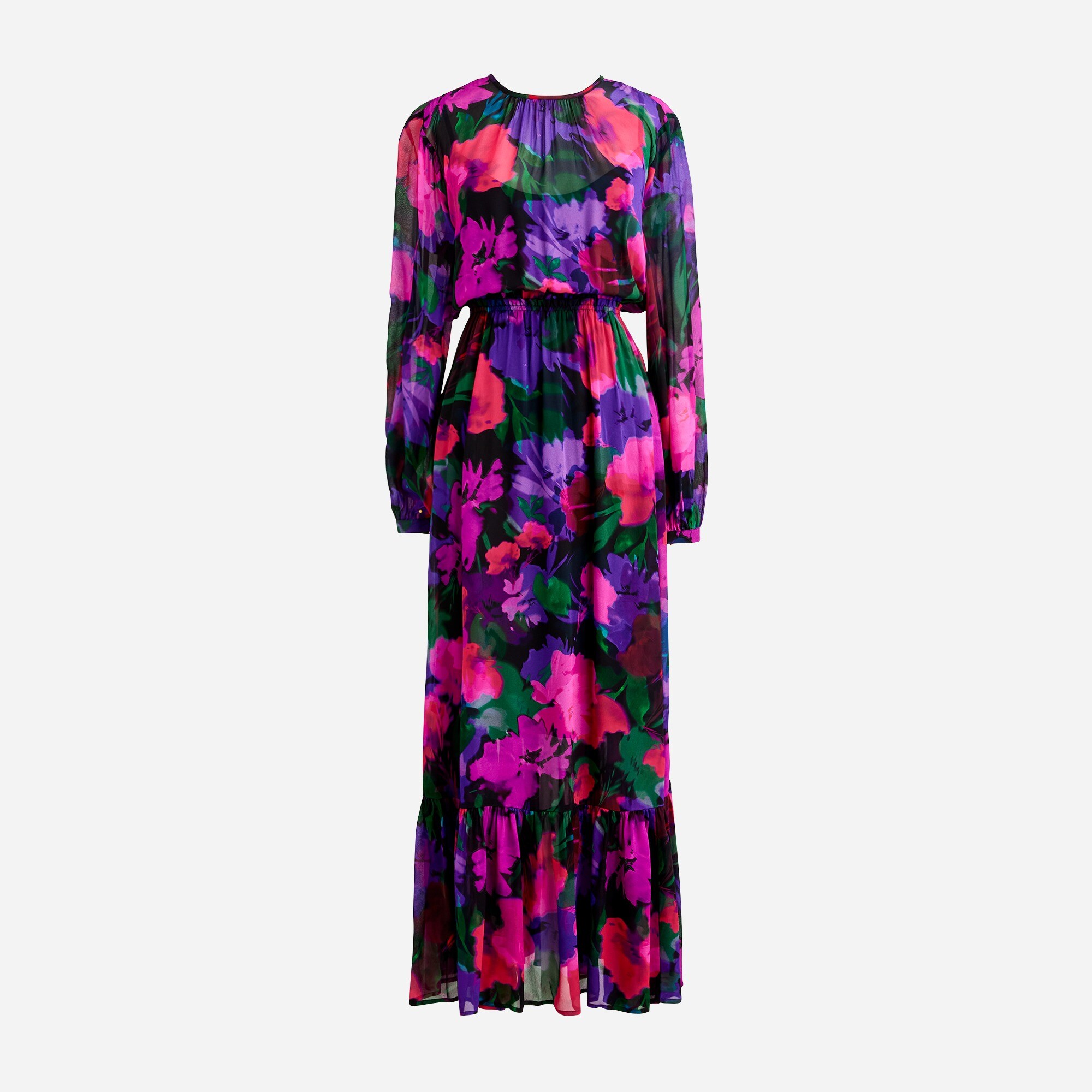 Long-sleeve chiffon midi dress in watercolor floral