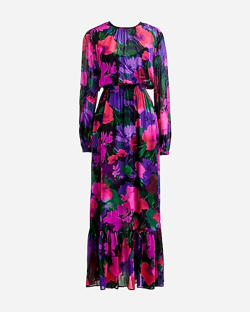  Long-sleeve chiffon midi dress in watercolor floral