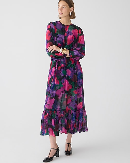 womens Long-sleeve chiffon midi dress in watercolor floral
