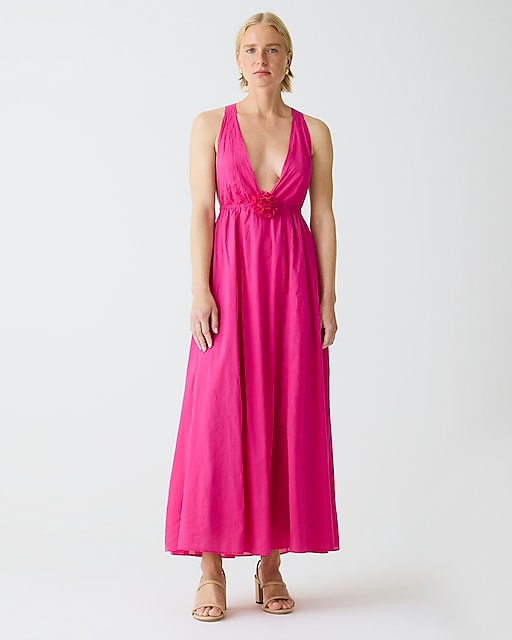 womens Rosette plunge dress in cotton voile