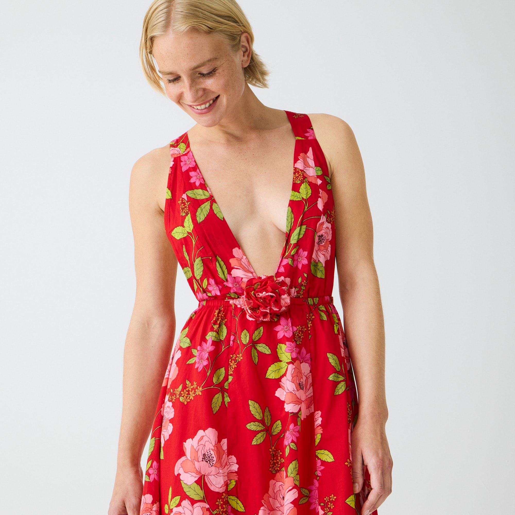 womens Cotton voile rosette plunge dress in peony vines
