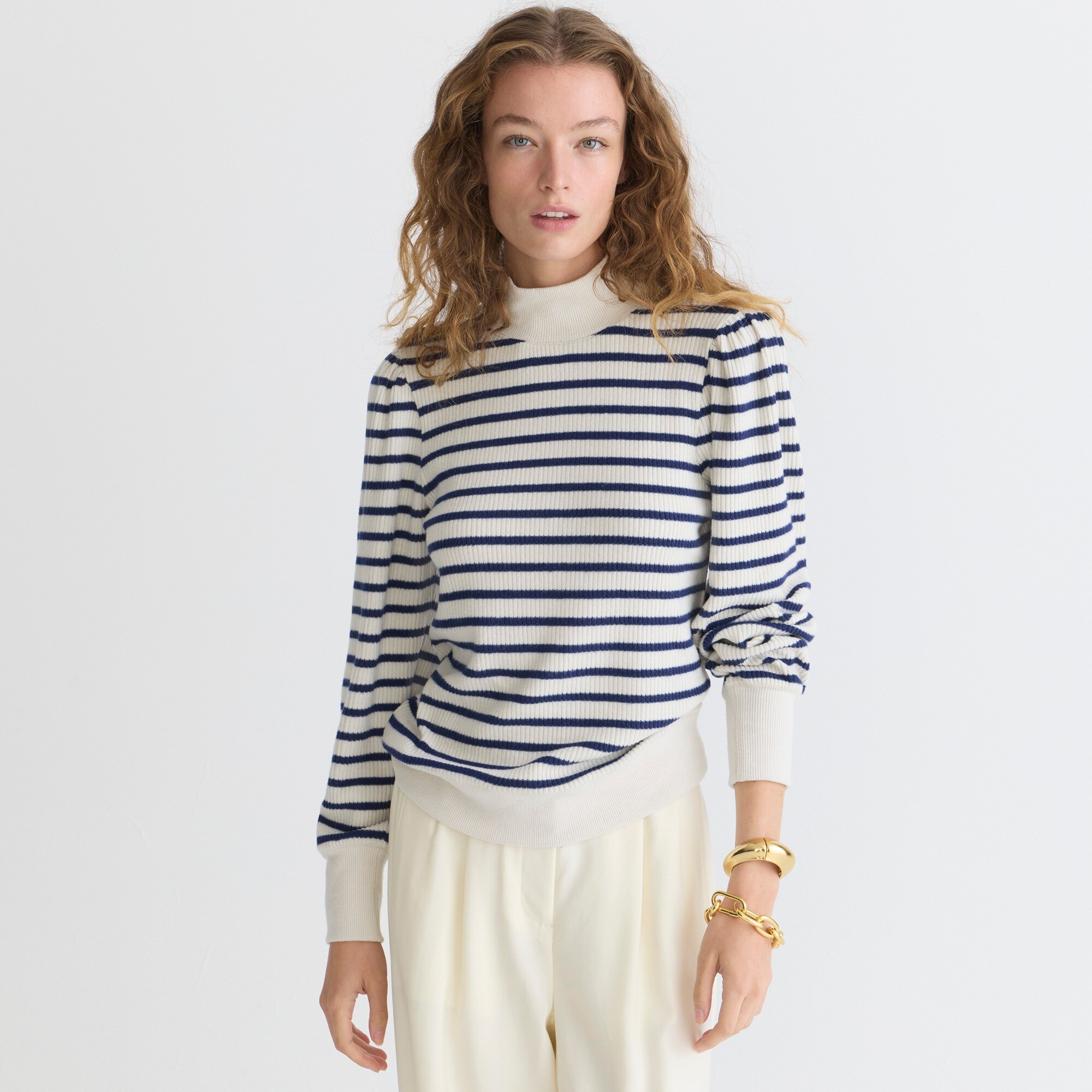 womens Brushed rib puff-sleeve mockneck sweater in stripe
