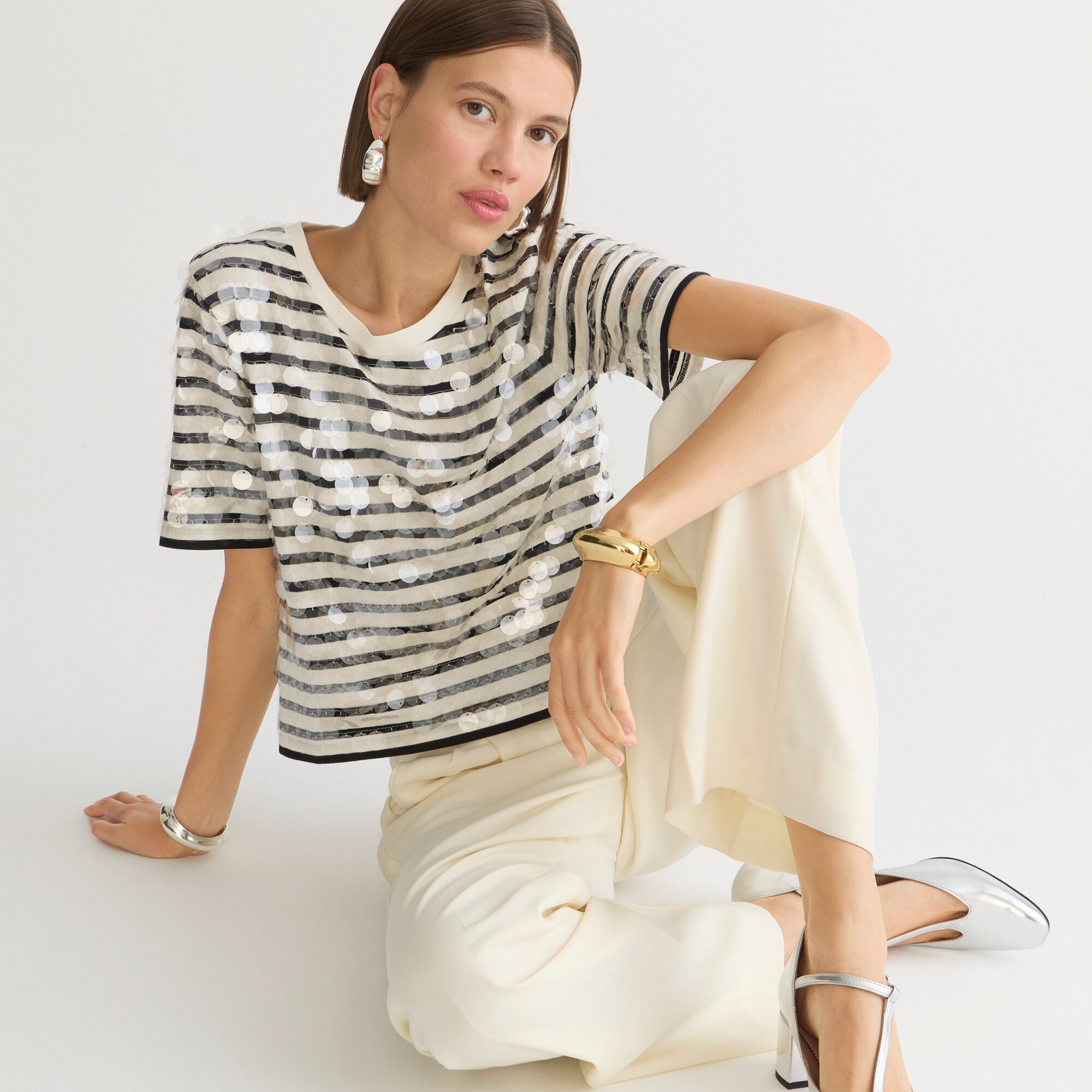 Broken-in jersey striped T-shirt with sequins