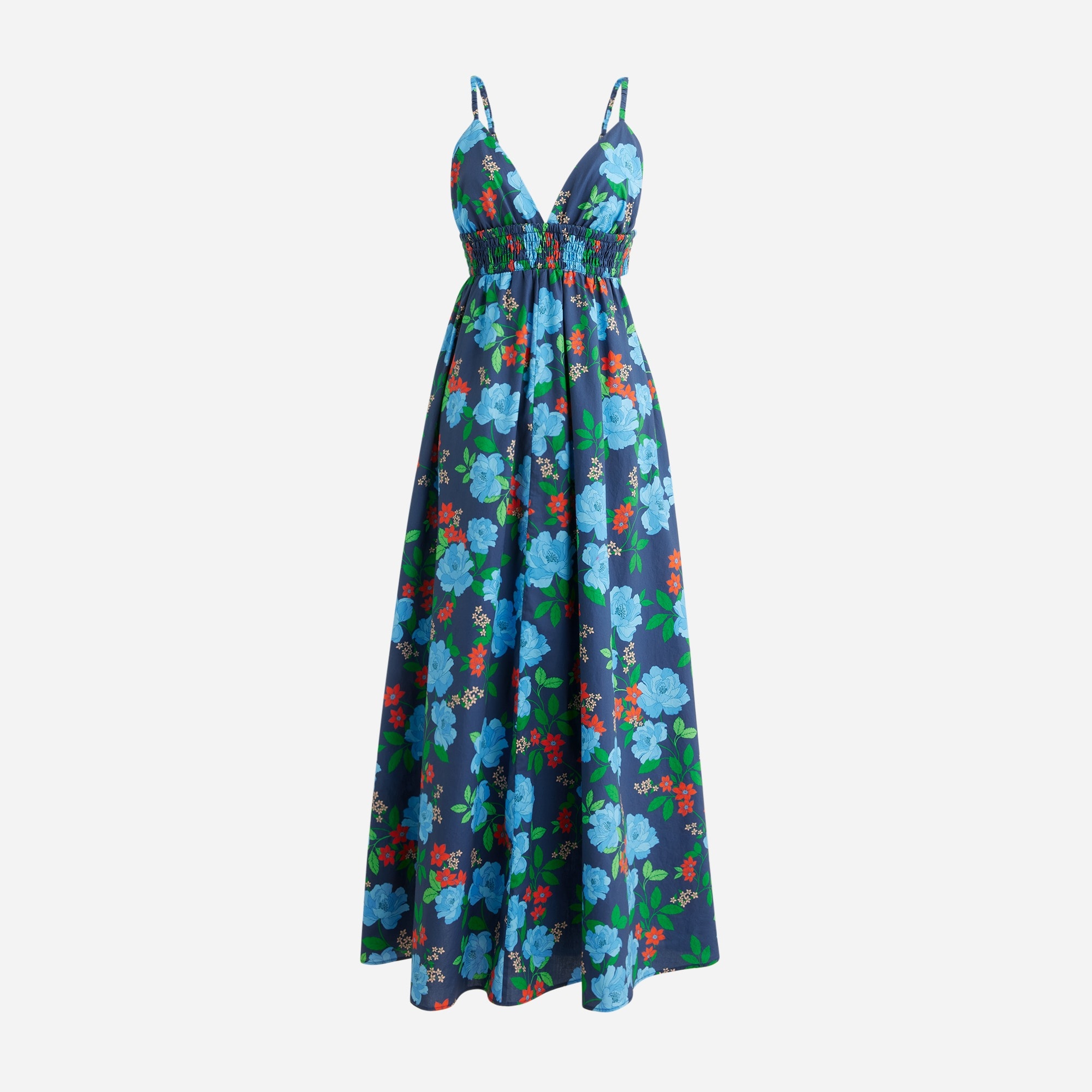  Smocked-waist cover-up dress in blue peony print