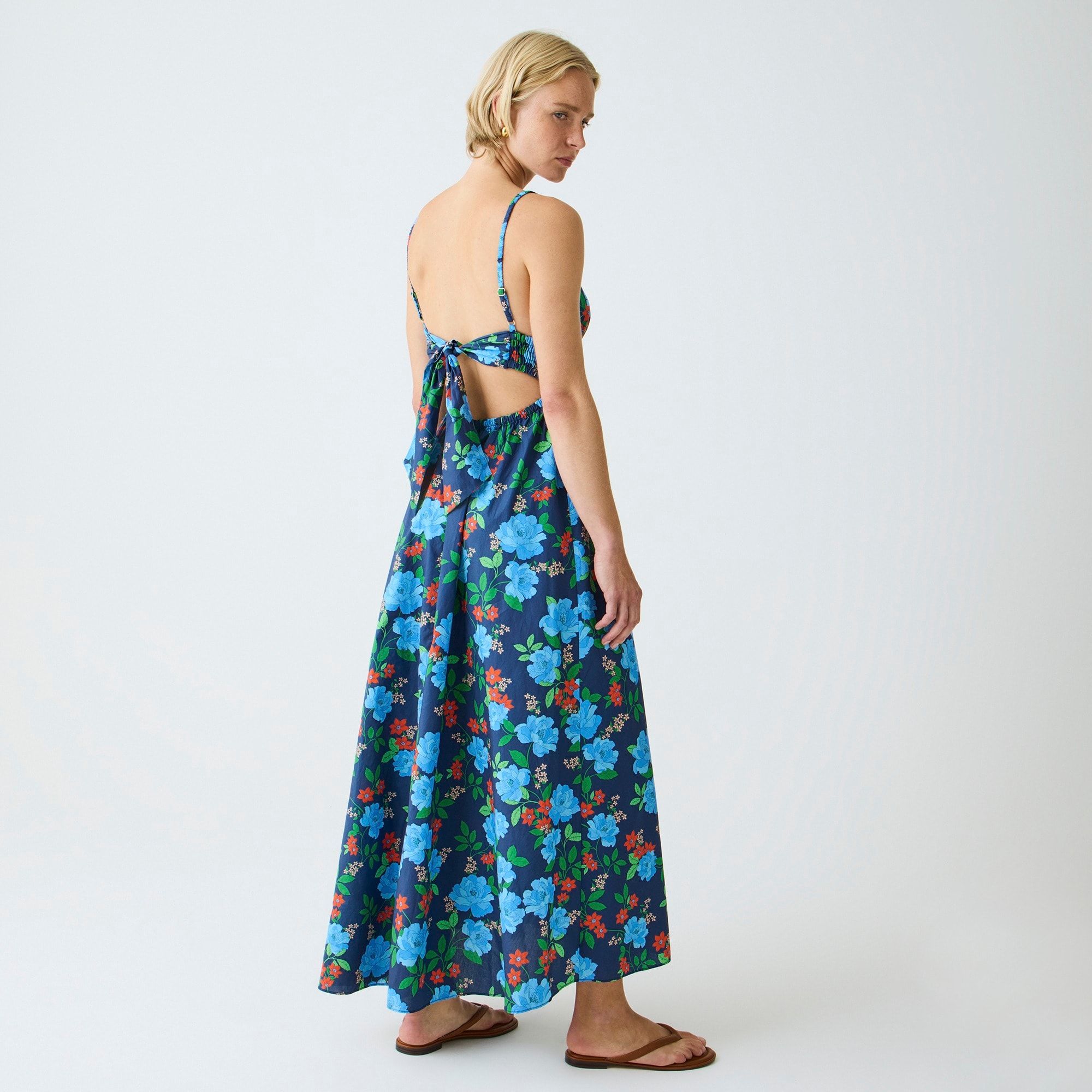 womens Smocked-waist cover-up dress in blue peony print