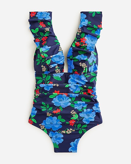  Ruched ruffle one-piece swimsuit in blue peony floral