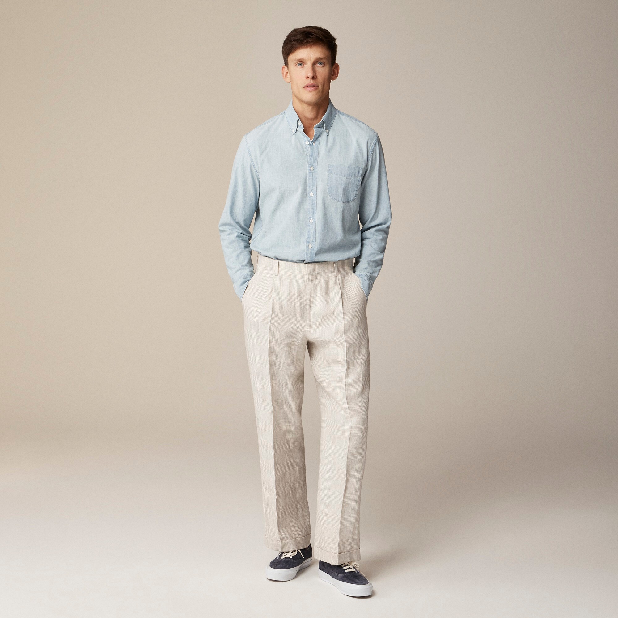 Big-fit pleated suit pant in linen twill glen plaid