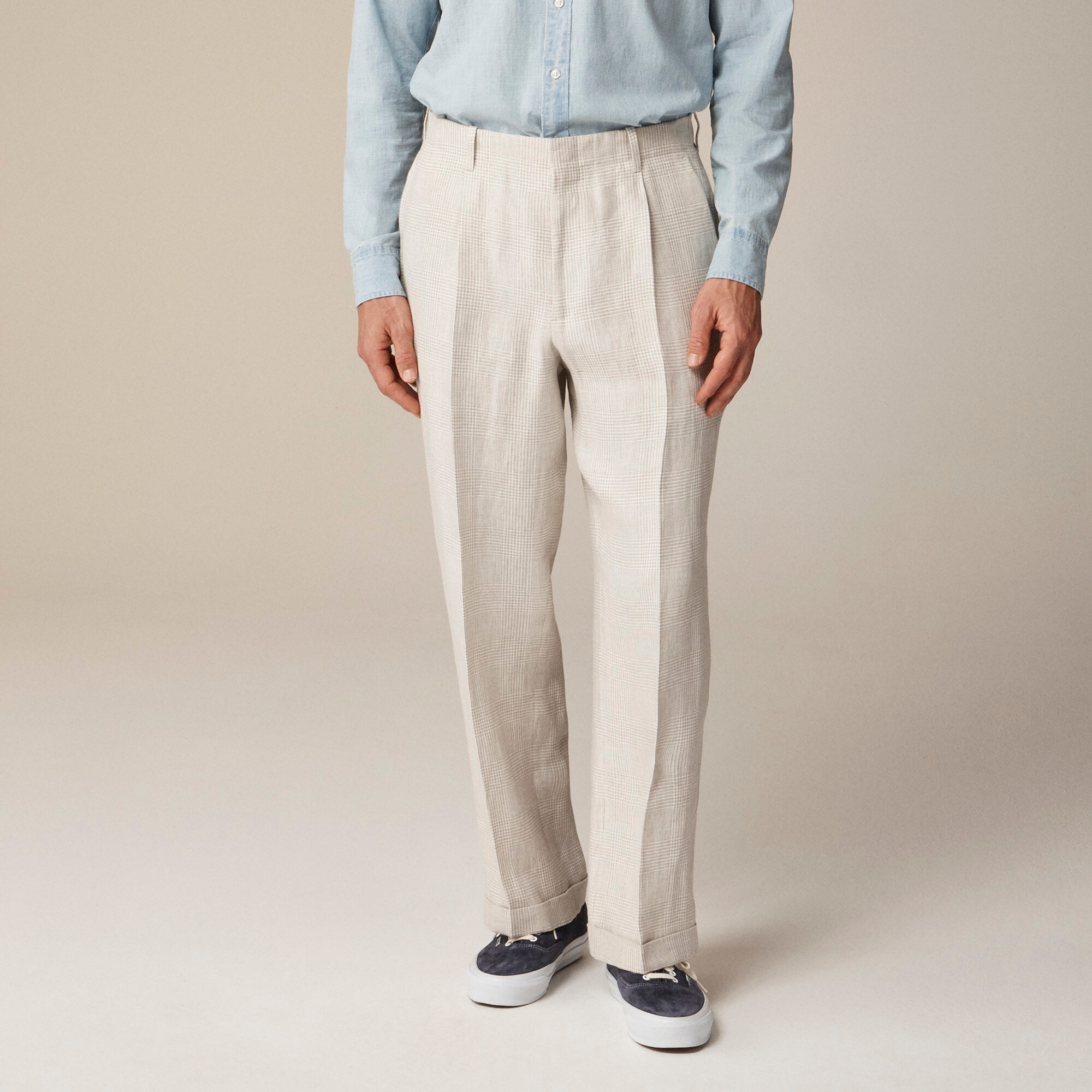 j.crew: big-fit pleated suit pant in linen twill glen plaid for men