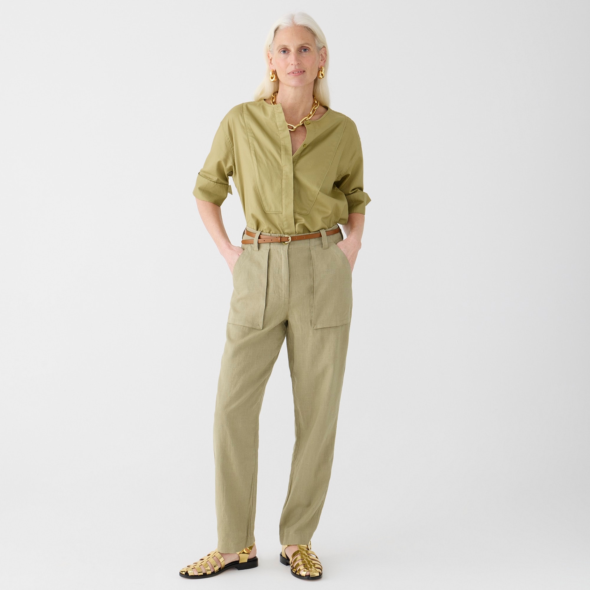 womens Petite  seaside cargo pant in linen-TENCEL&trade; blend
