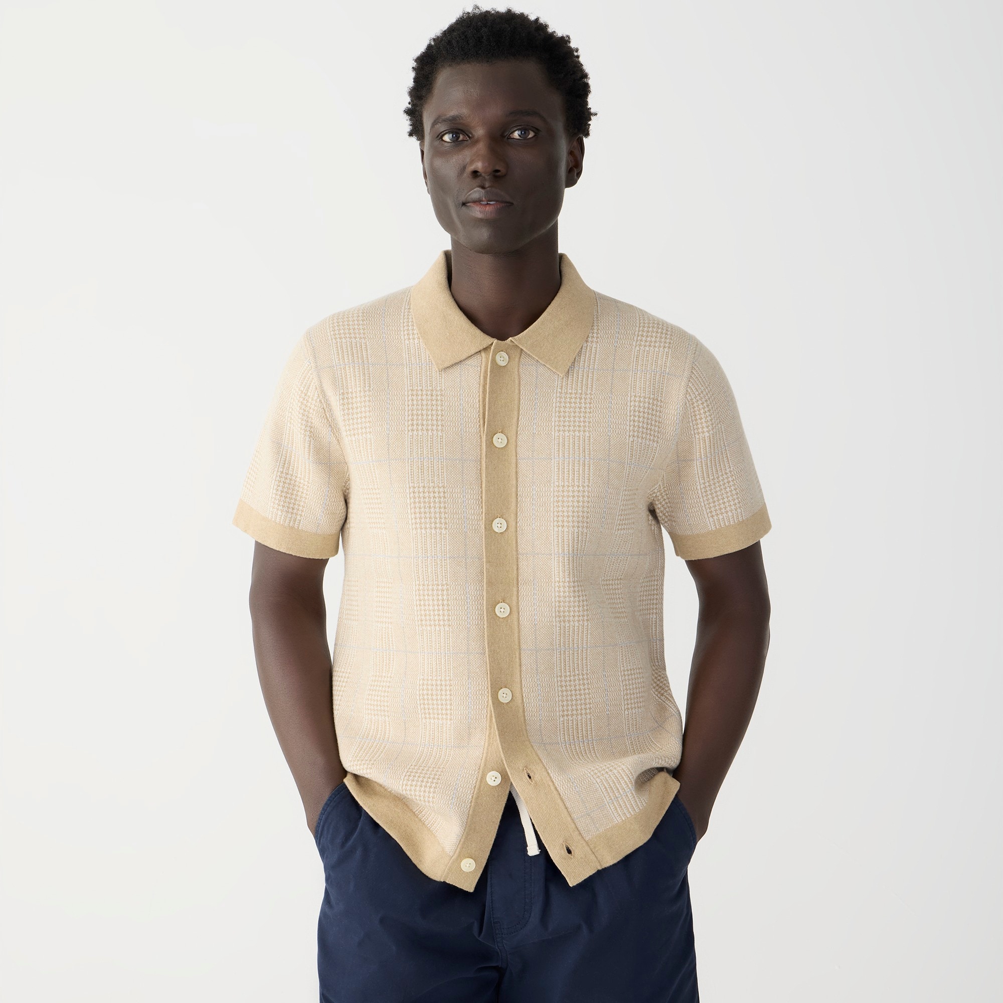 mens Short-sleeve heritage cotton sweater-polo in windowpane jacquard