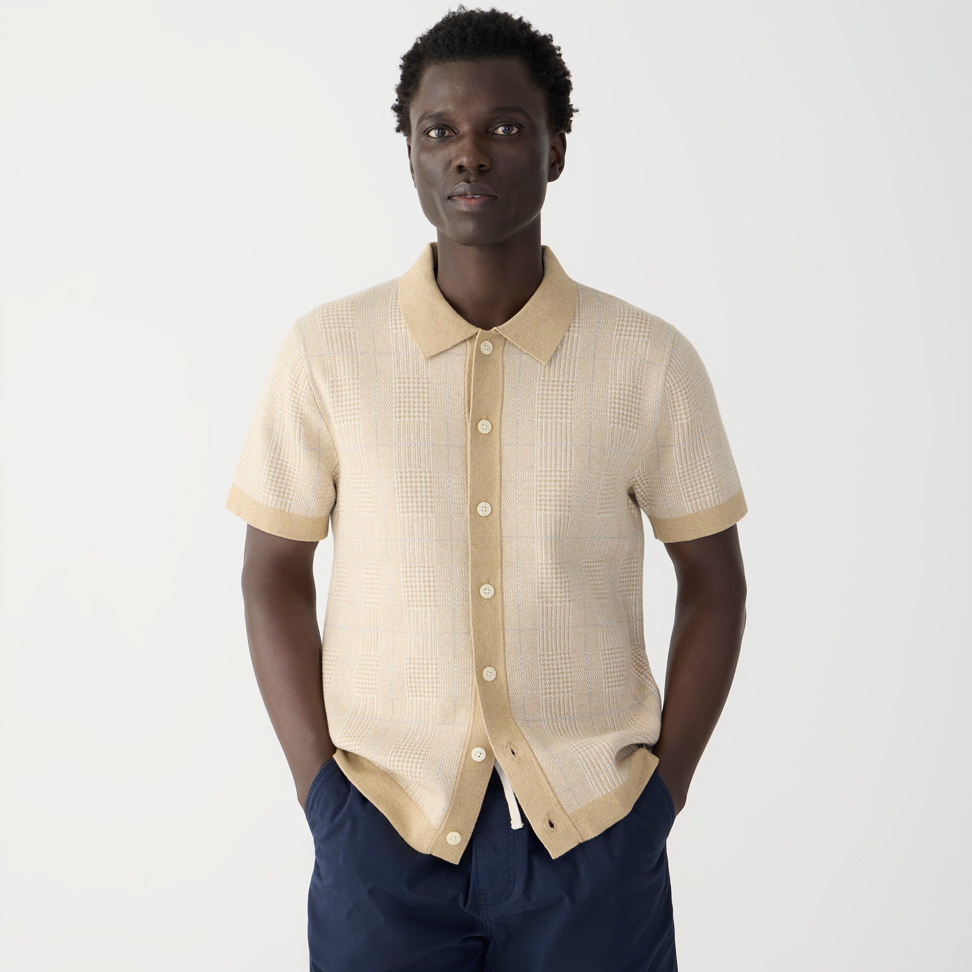  Short-sleeve heritage cotton sweater-polo in windowpane jacquard