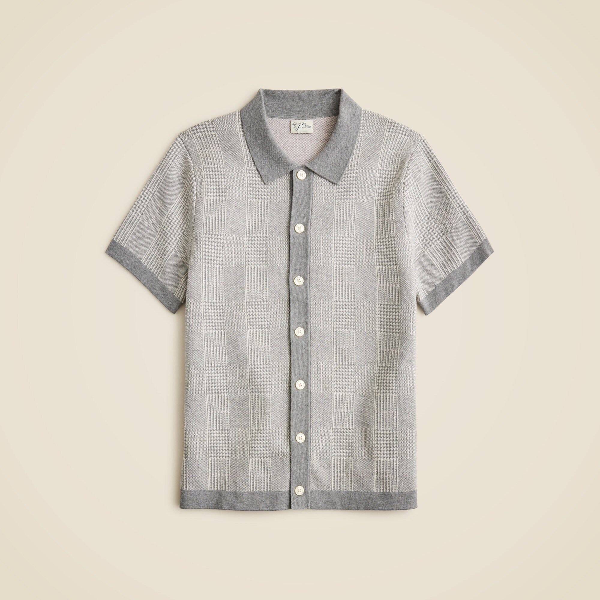 mens Short-sleeve heritage cotton sweater-polo in windowpane jacquard