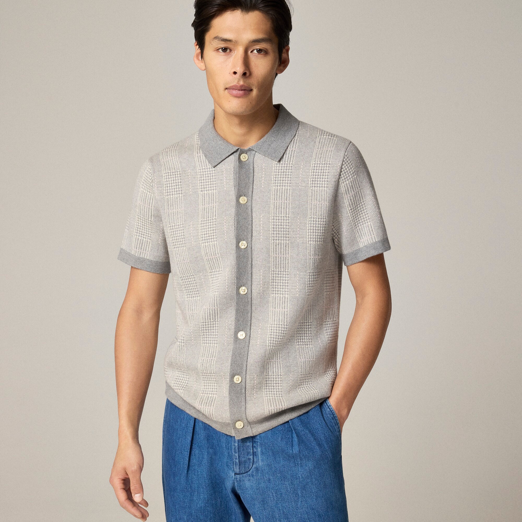 mens Short-sleeve heritage cotton sweater-polo in windowpane jacquard