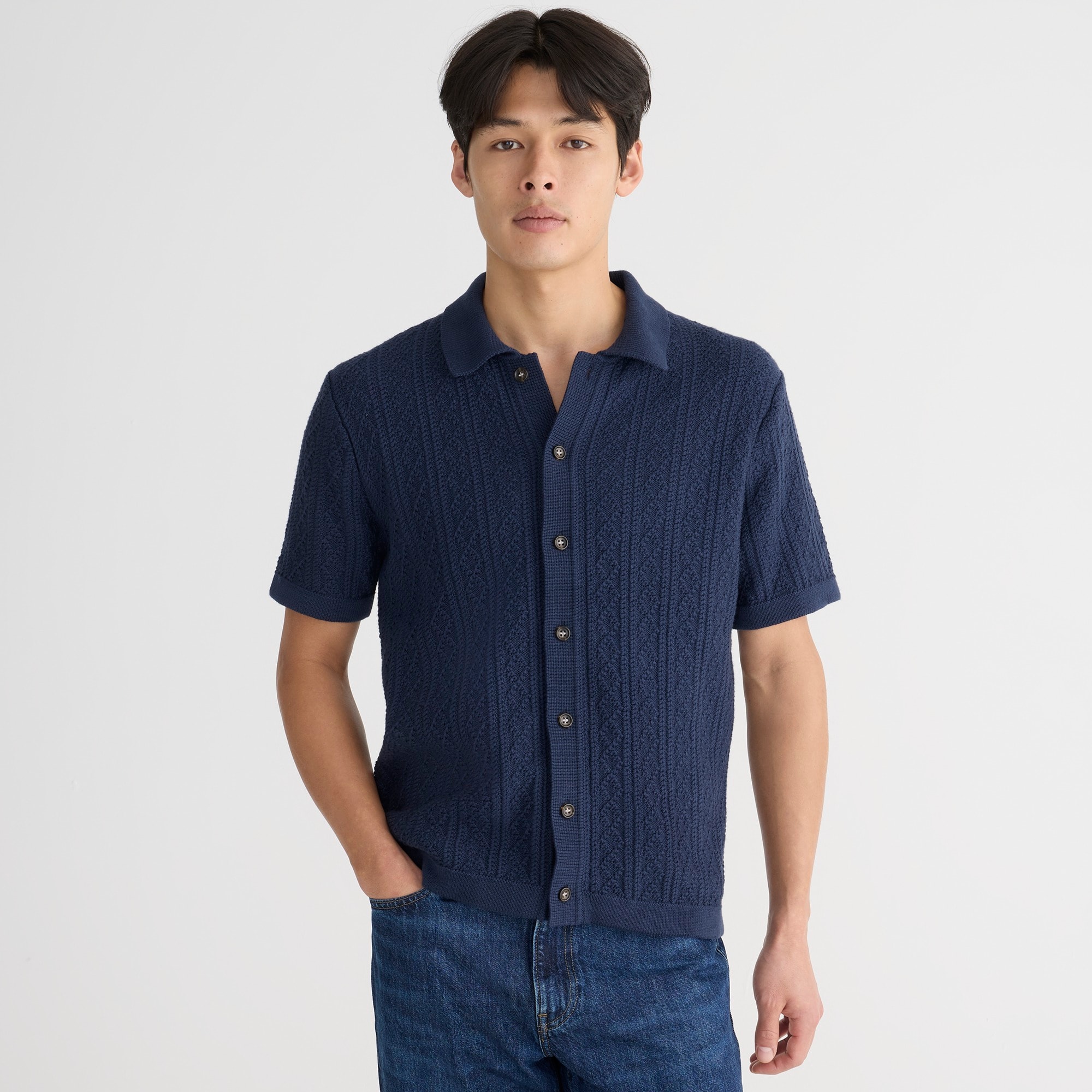 mens Short-sleeve heritage cotton pointelle-stitch sweater-polo