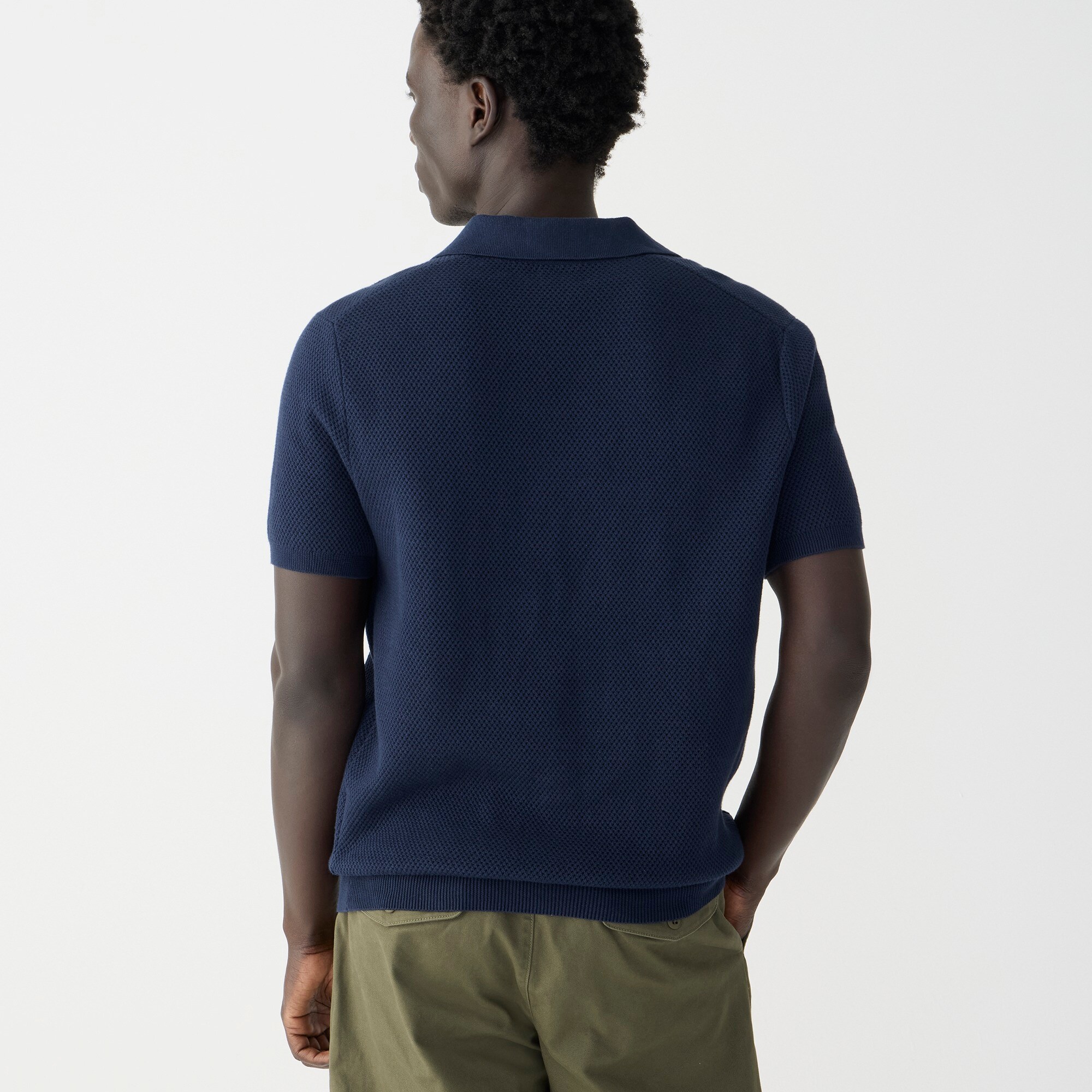 Short-sleeve cotton mesh-stitch johnny-collar sweater-polo