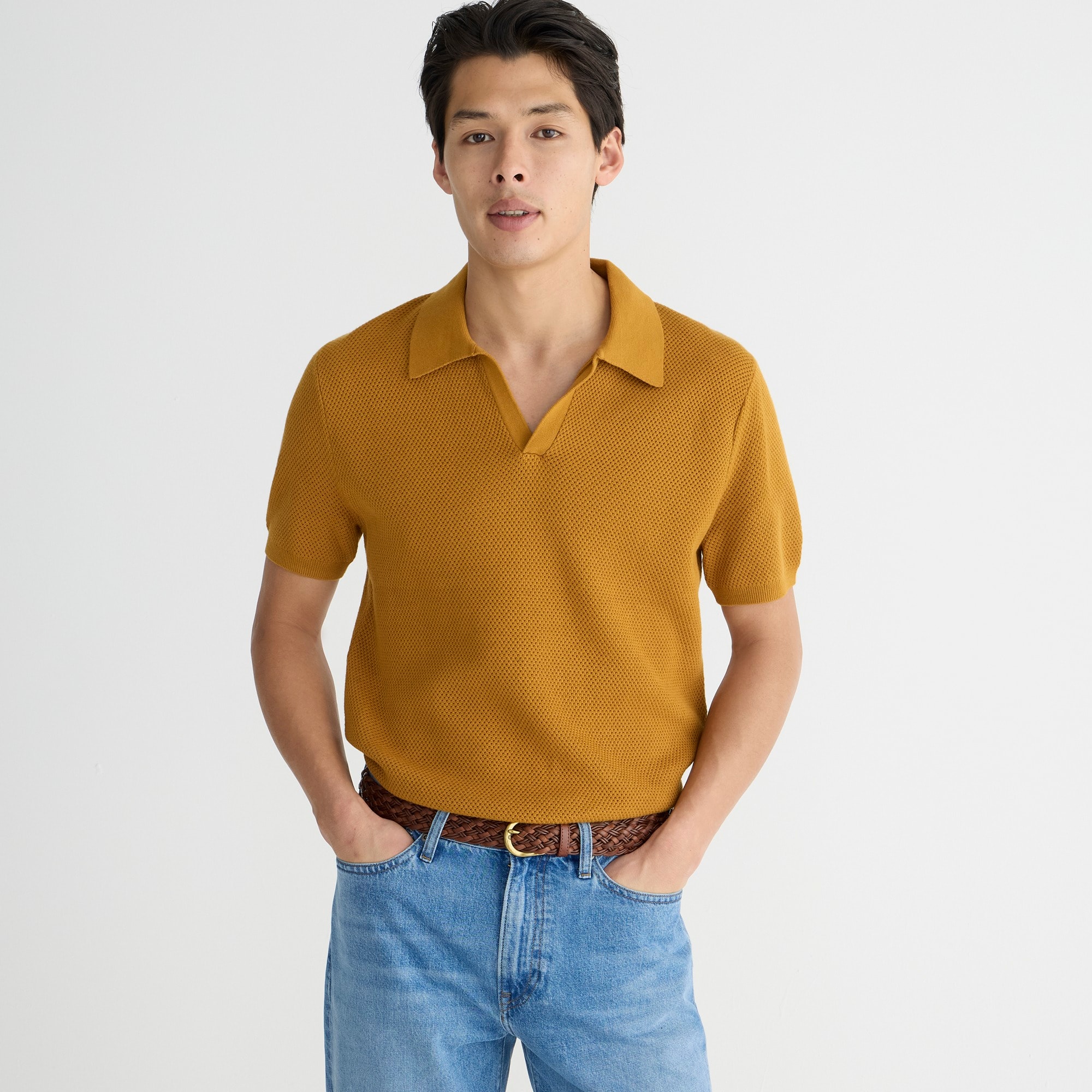 mens Short-sleeve cotton mesh-stitch johnny-collar sweater-polo