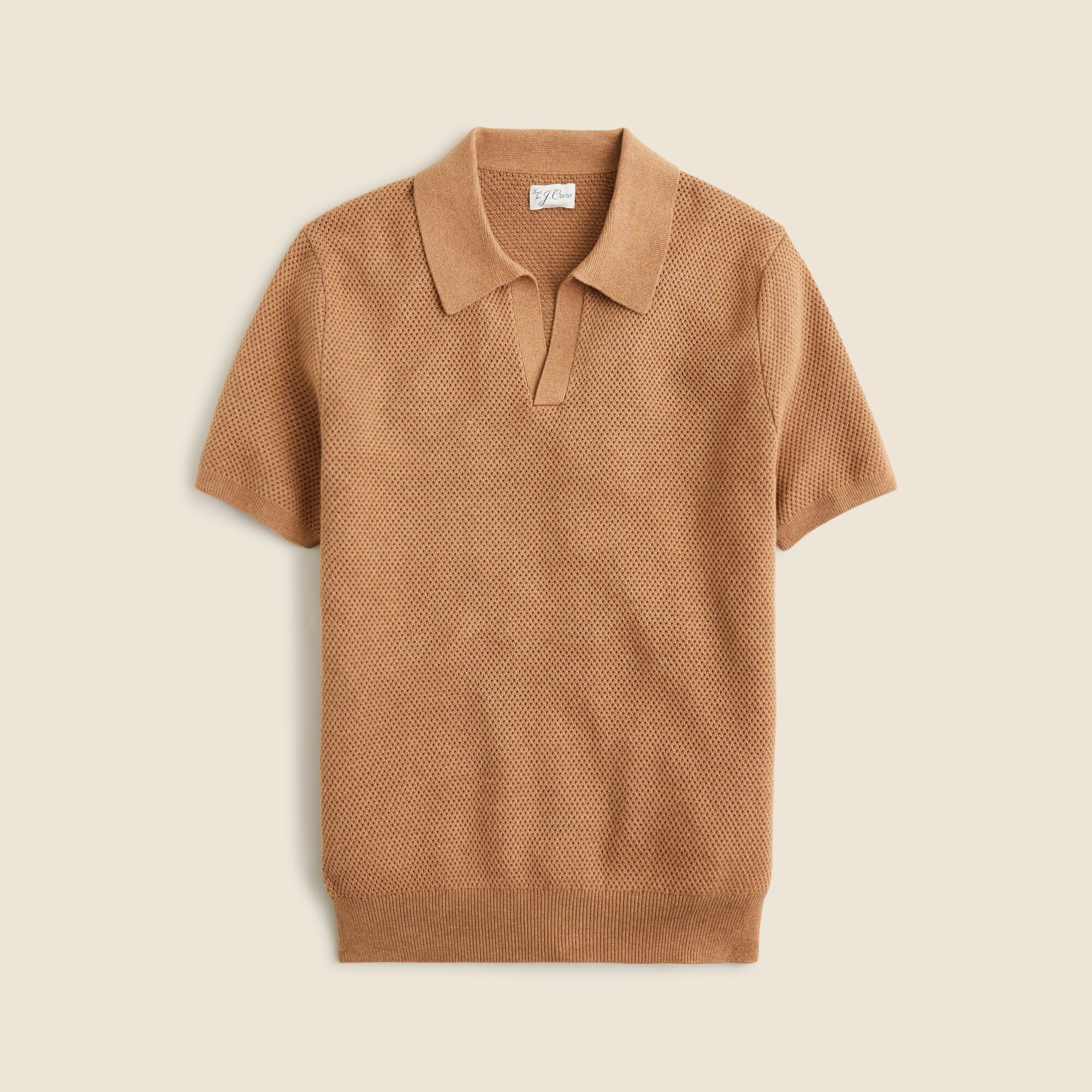 Short-sleeve cotton mesh-stitch johnny-collar sweater-polo