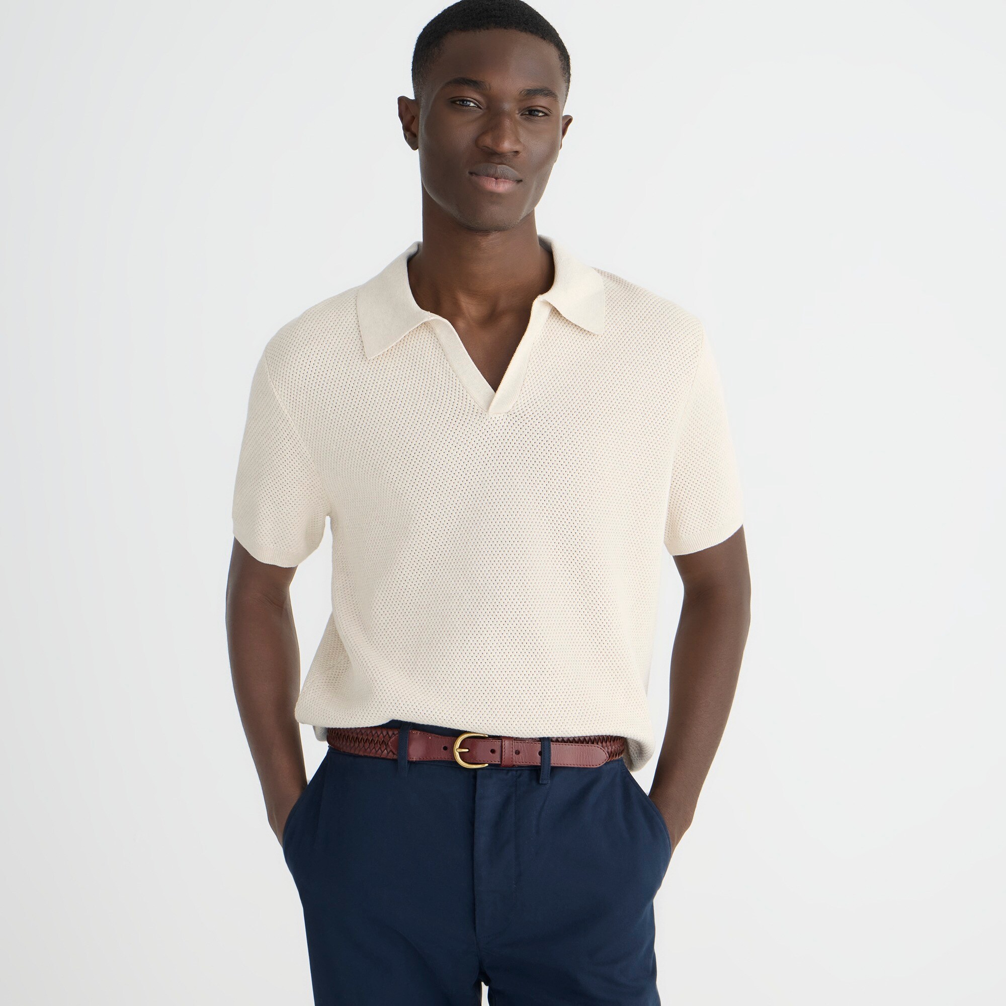  Short-sleeve cotton mesh-stitch johnny-collar sweater-polo