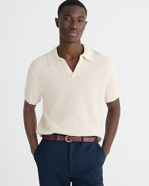  Short-sleeve cotton mesh-stitch johnny-collar sweater-polo