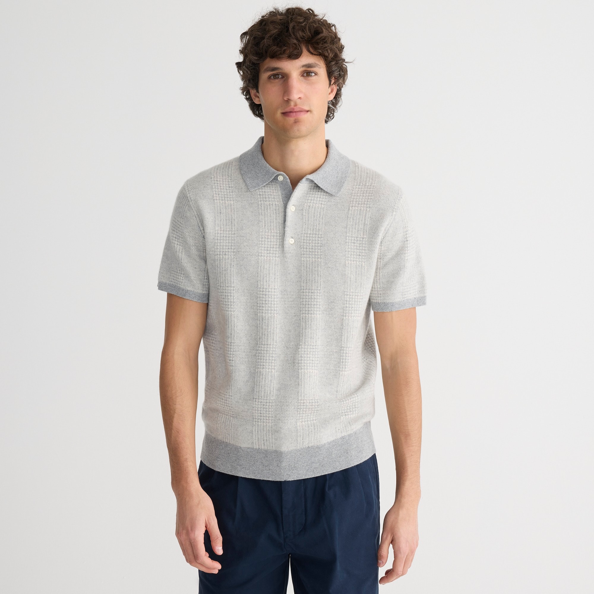 mens Short-sleeve cashmere sweater-polo in glen plaid