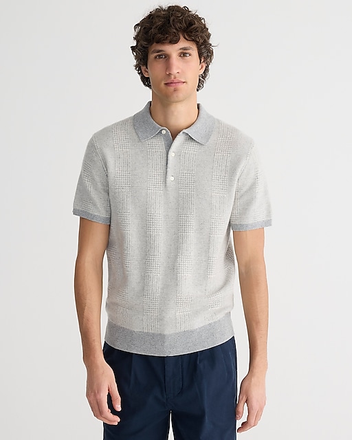 mens Short-sleeve cashmere sweater-polo in glen plaid