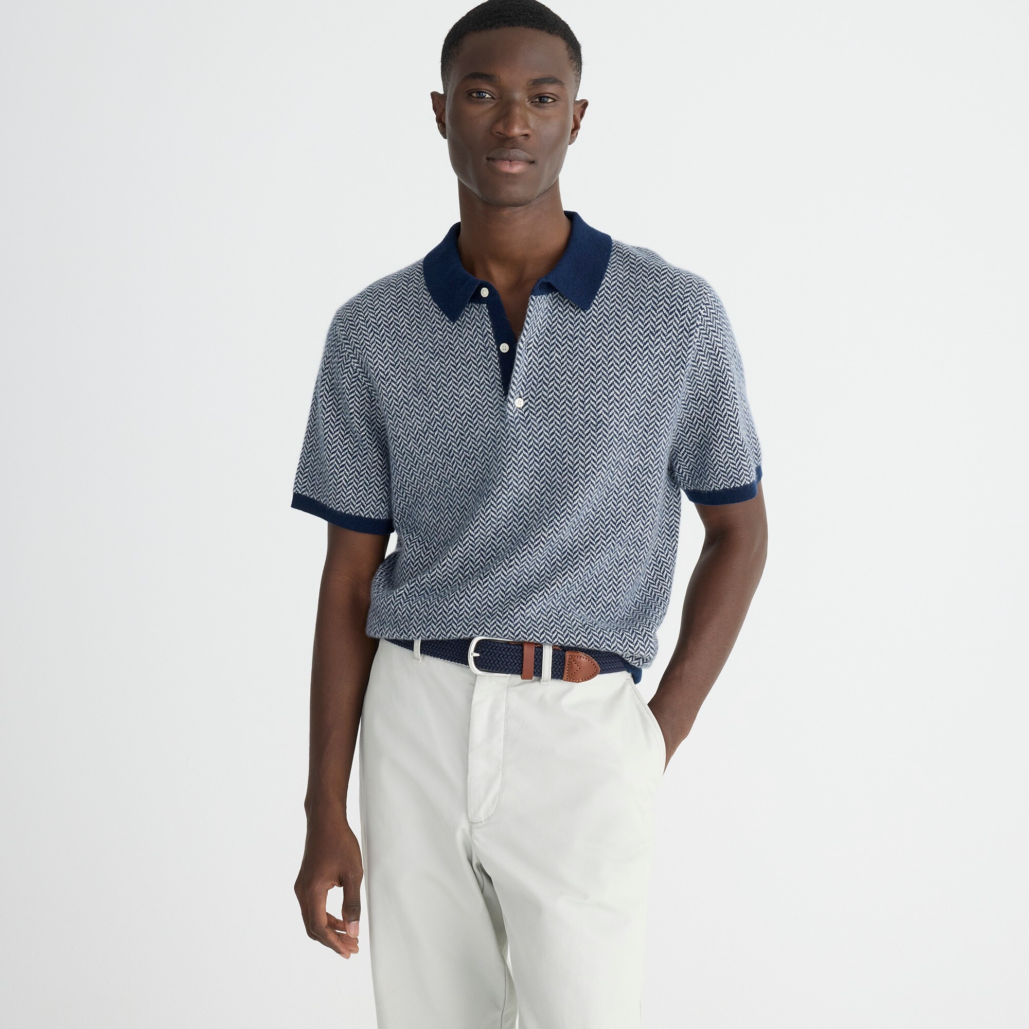  Short-sleeve cashmere sweater-polo in herringbone