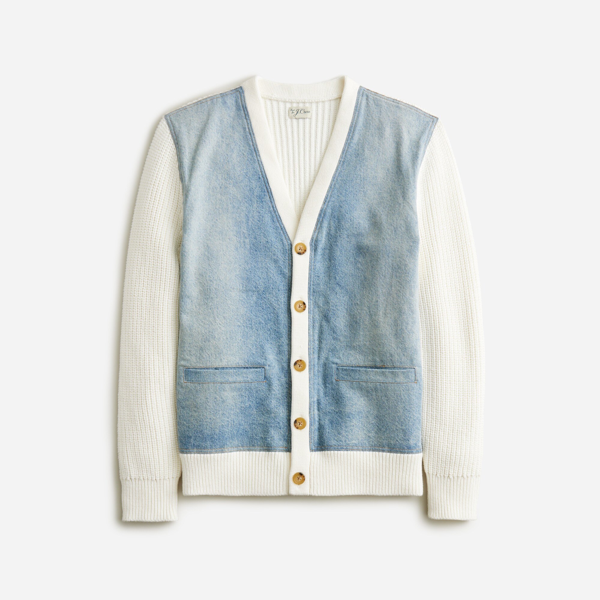 Cotton shaker-stitch cardigan with denim panels