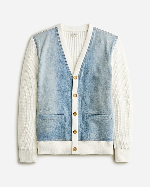  Cotton shaker-stitch cardigan sweater with denim panels