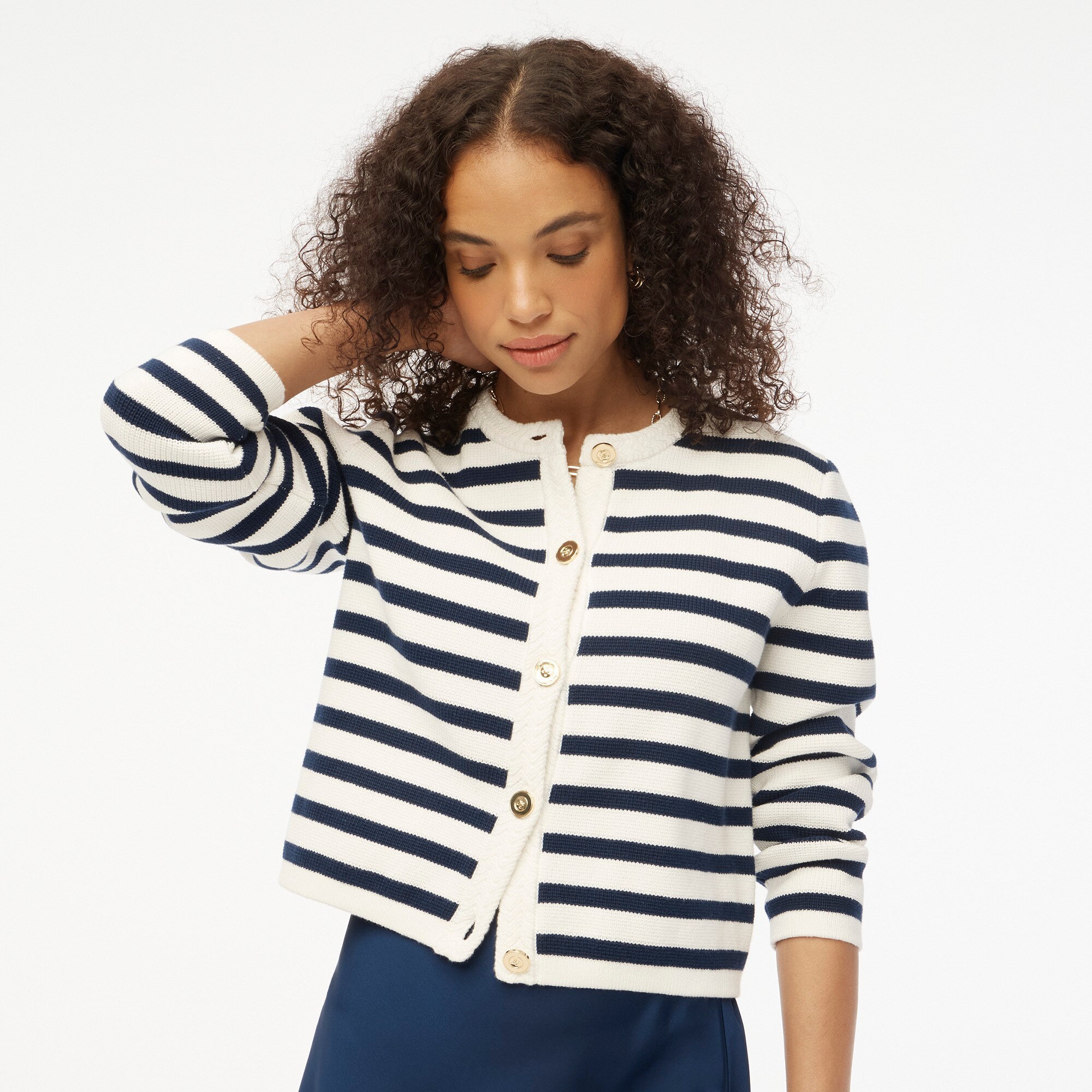 【ネイビー】モールジャカードクルーネックニット <LADIES LINE> (LADIES) Jackie Cardigan Sweater With Contrast Trim For Women | J.Crew