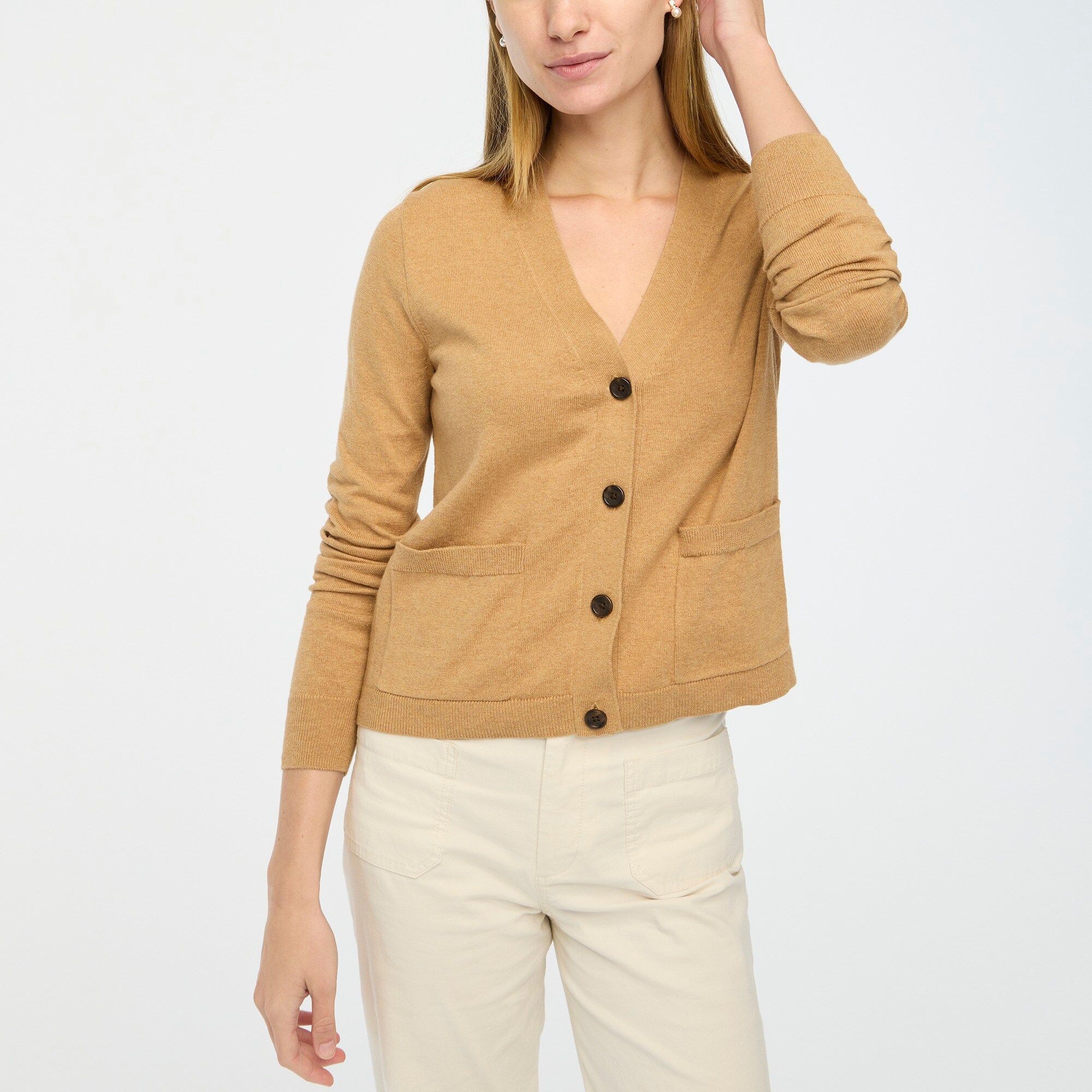 factory: cotton-blend v-neck cardigan sweater for women