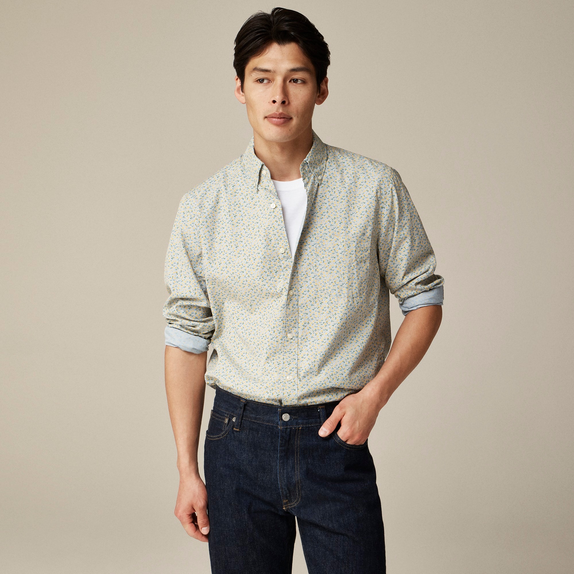 mens Slim Secret Wash cotton poplin shirt in print