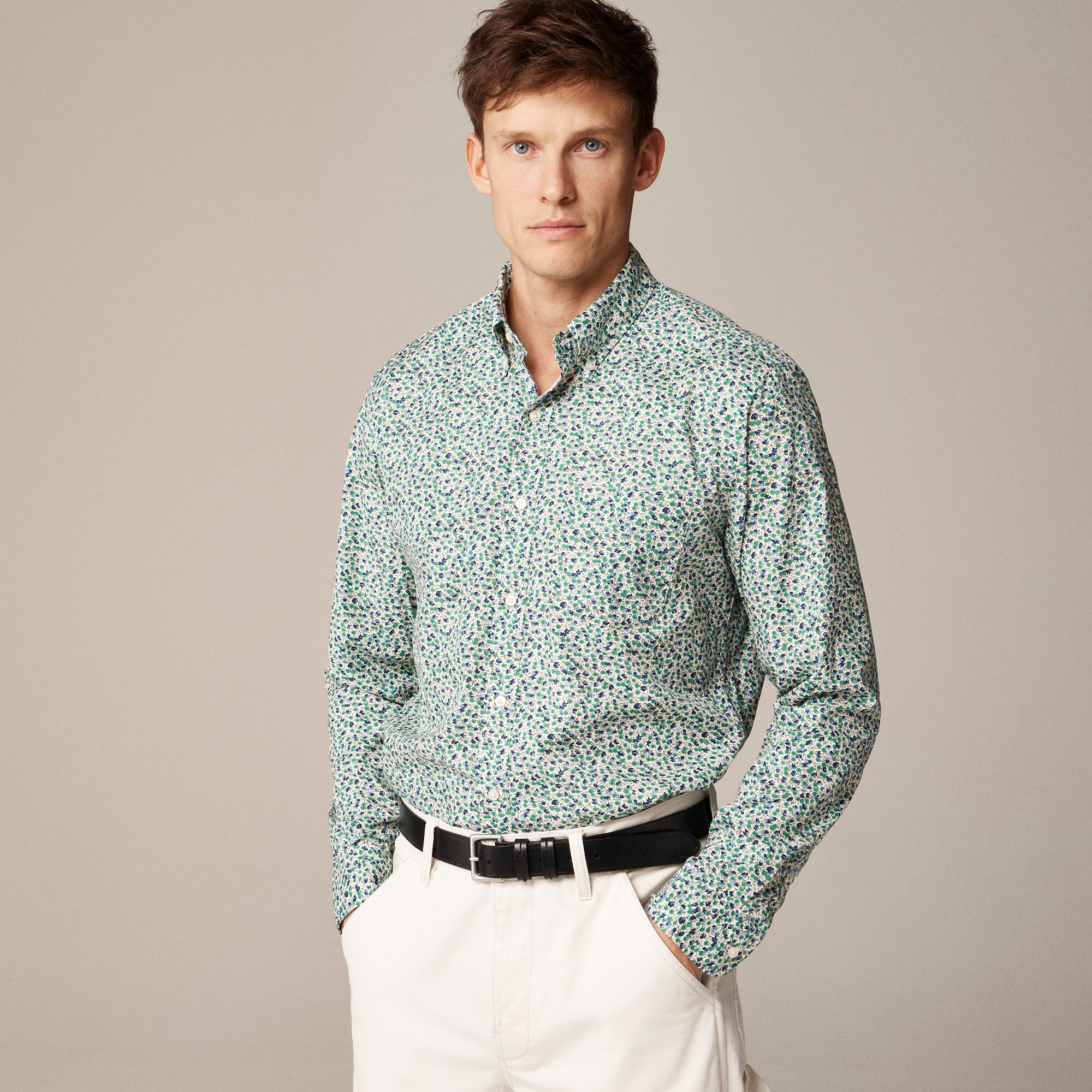 mens Slim Secret Wash cotton poplin shirt in print