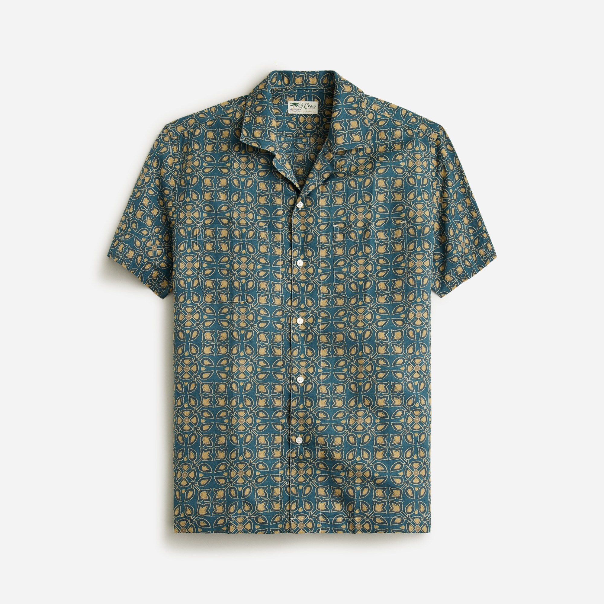  Short-sleeve slub cotton-linen blend camp-collar shirt in print