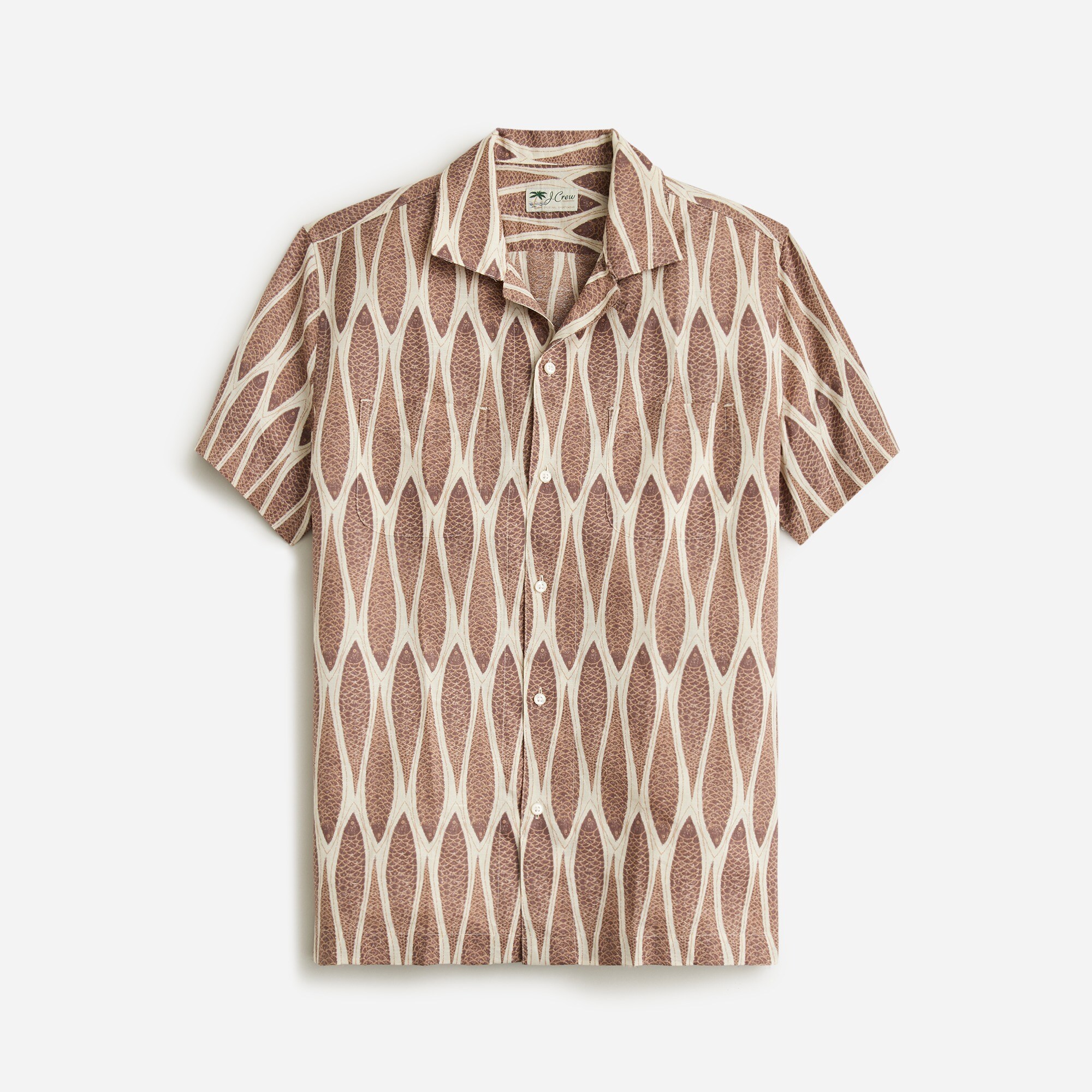 Short-sleeve slub cotton-linen blend camp-collar shirt in print