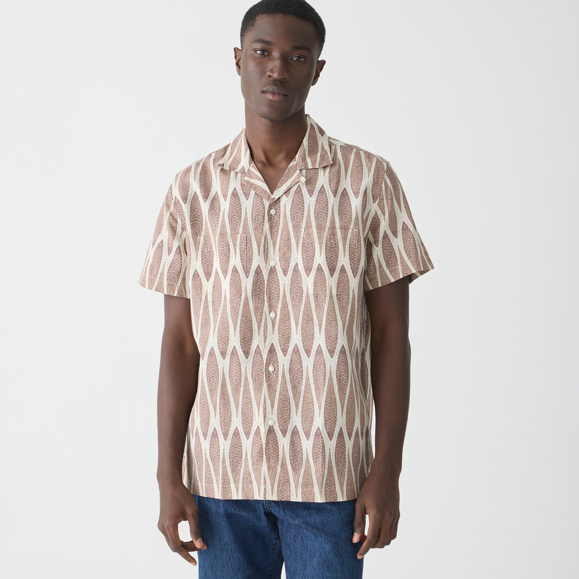 j.crew: short-sleeve slub cotton-linen blend camp-collar shirt in print for men