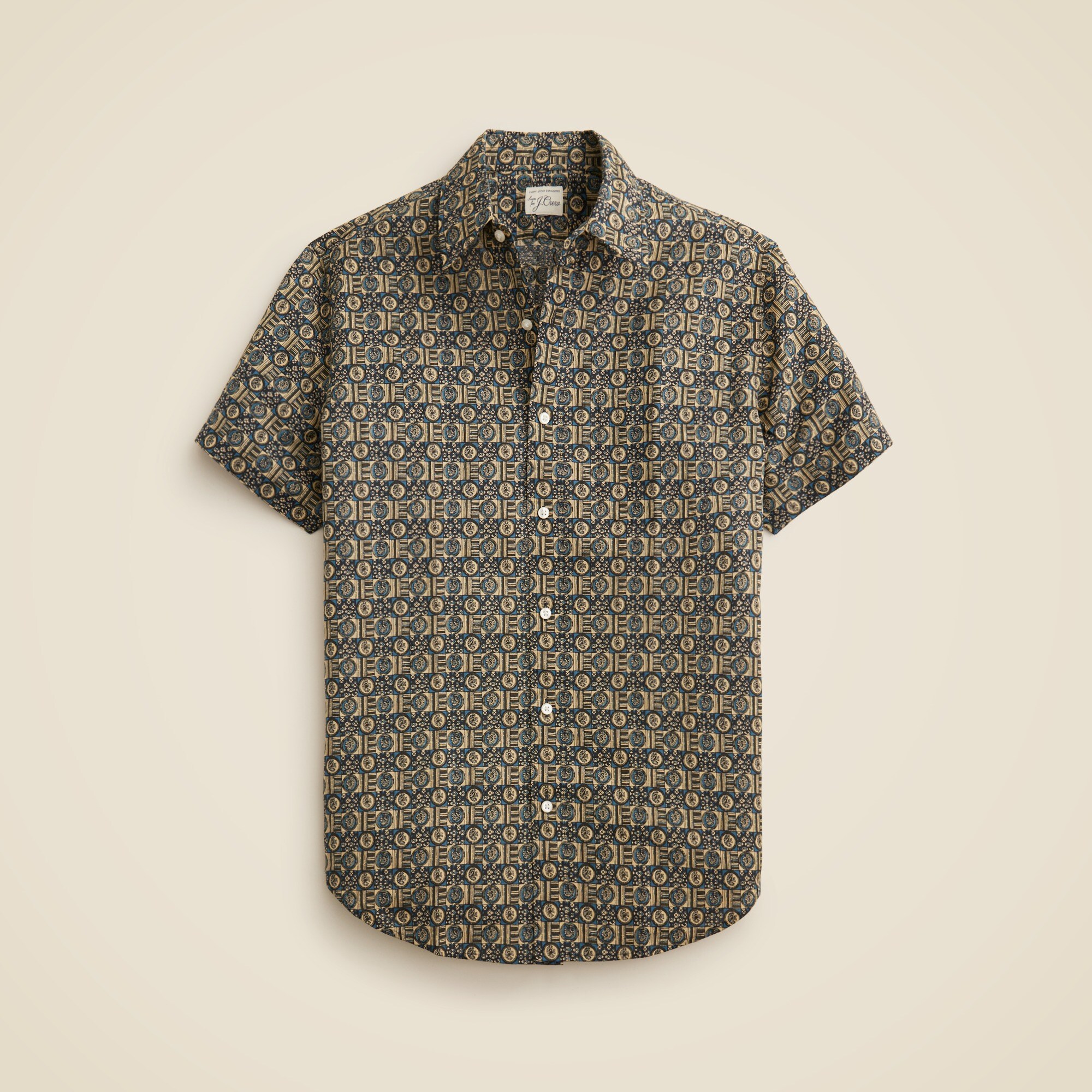  Short-sleeve slub cotton-linen blend camp-collar shirt in print