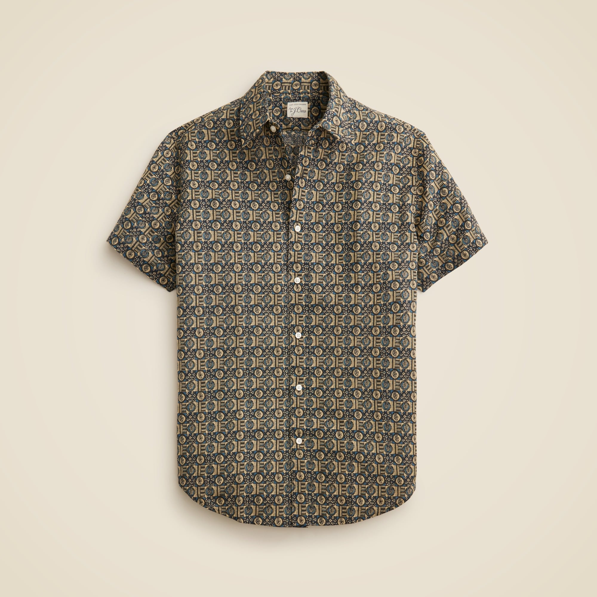mens Short-sleeve slub cotton-linen blend camp-collar shirt in print