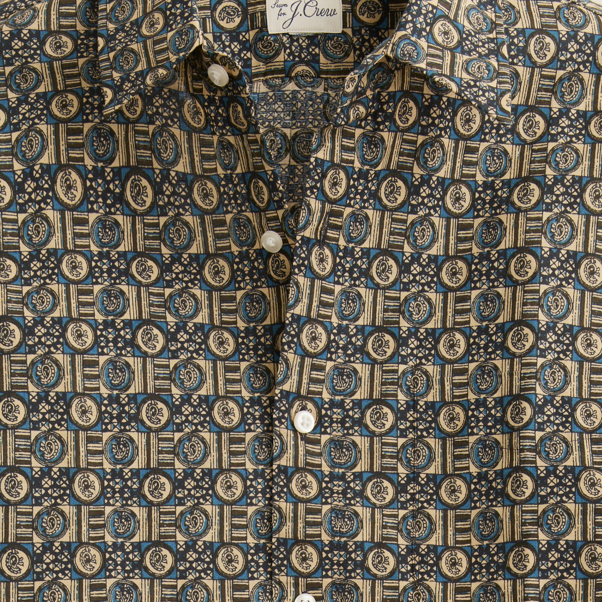 Short-sleeve slub cotton-linen blend camp-collar shirt in print