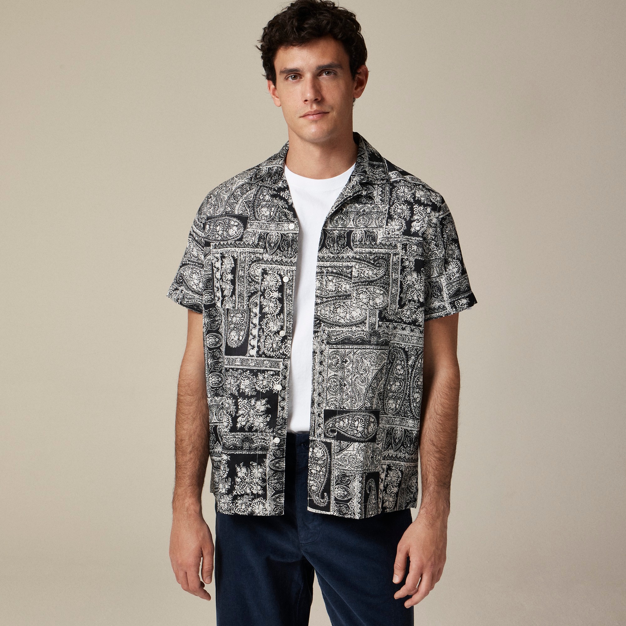 mens Short-sleeve slub cotton-linen blend camp-collar shirt in print