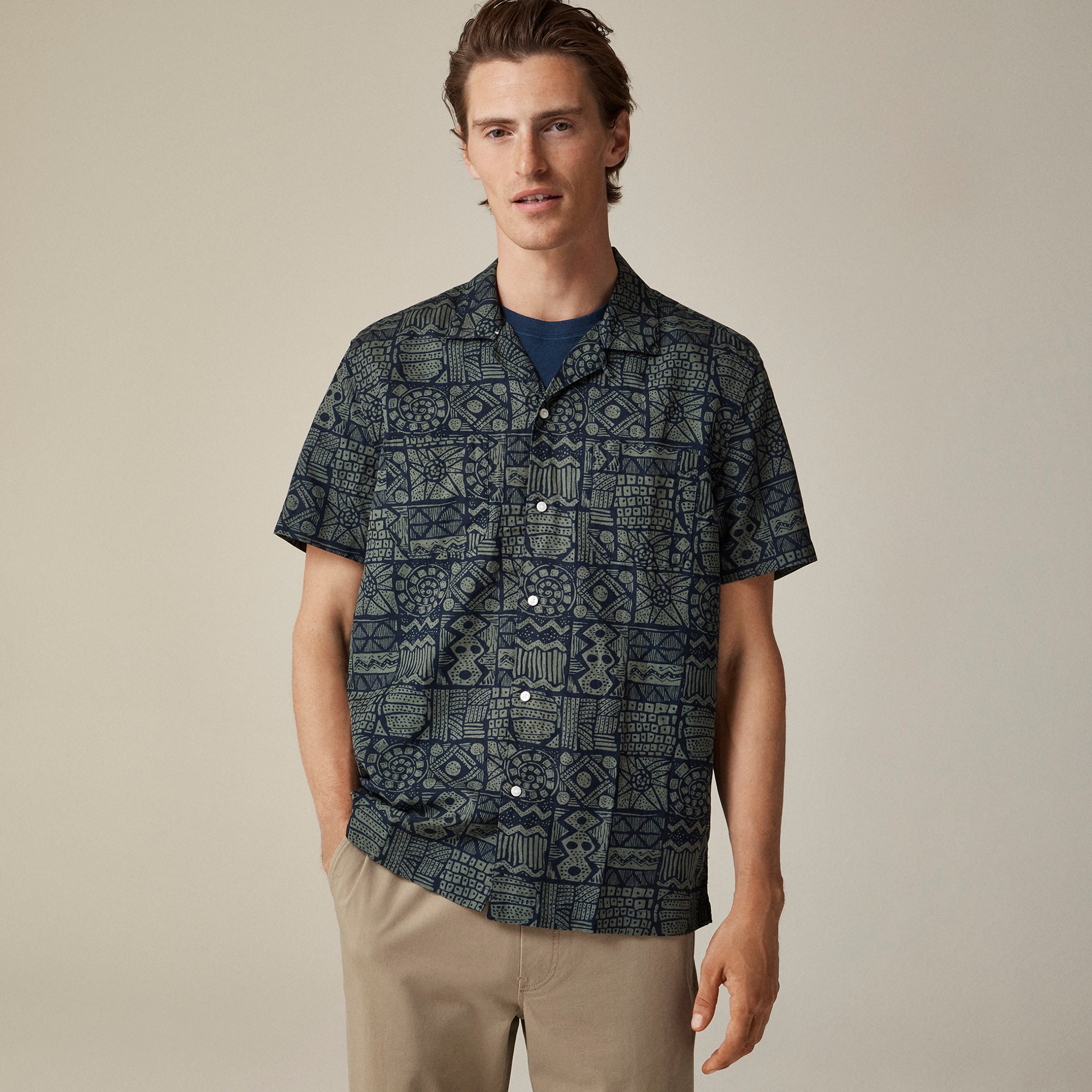 mens Short-sleeve slub cotton-linen blend camp-collar shirt in print