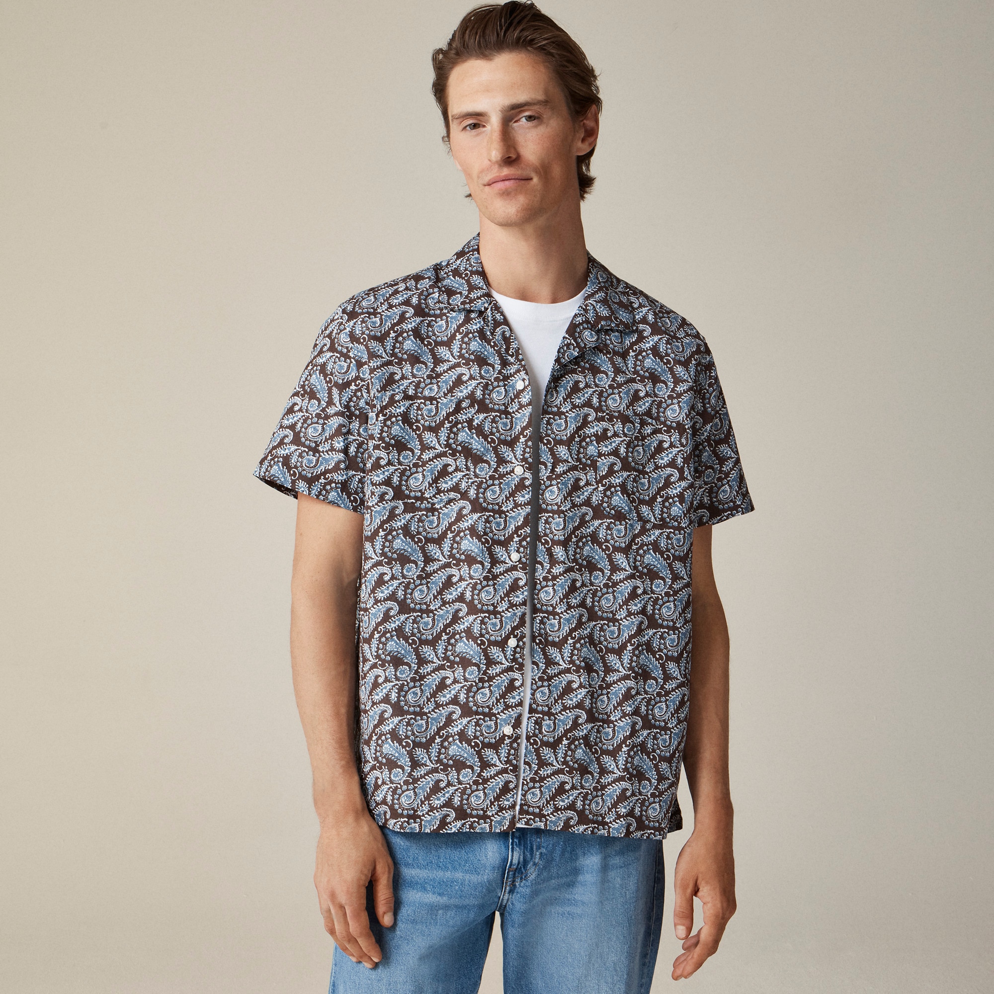 mens Short-sleeve slub cotton-linen blend camp-collar shirt in print