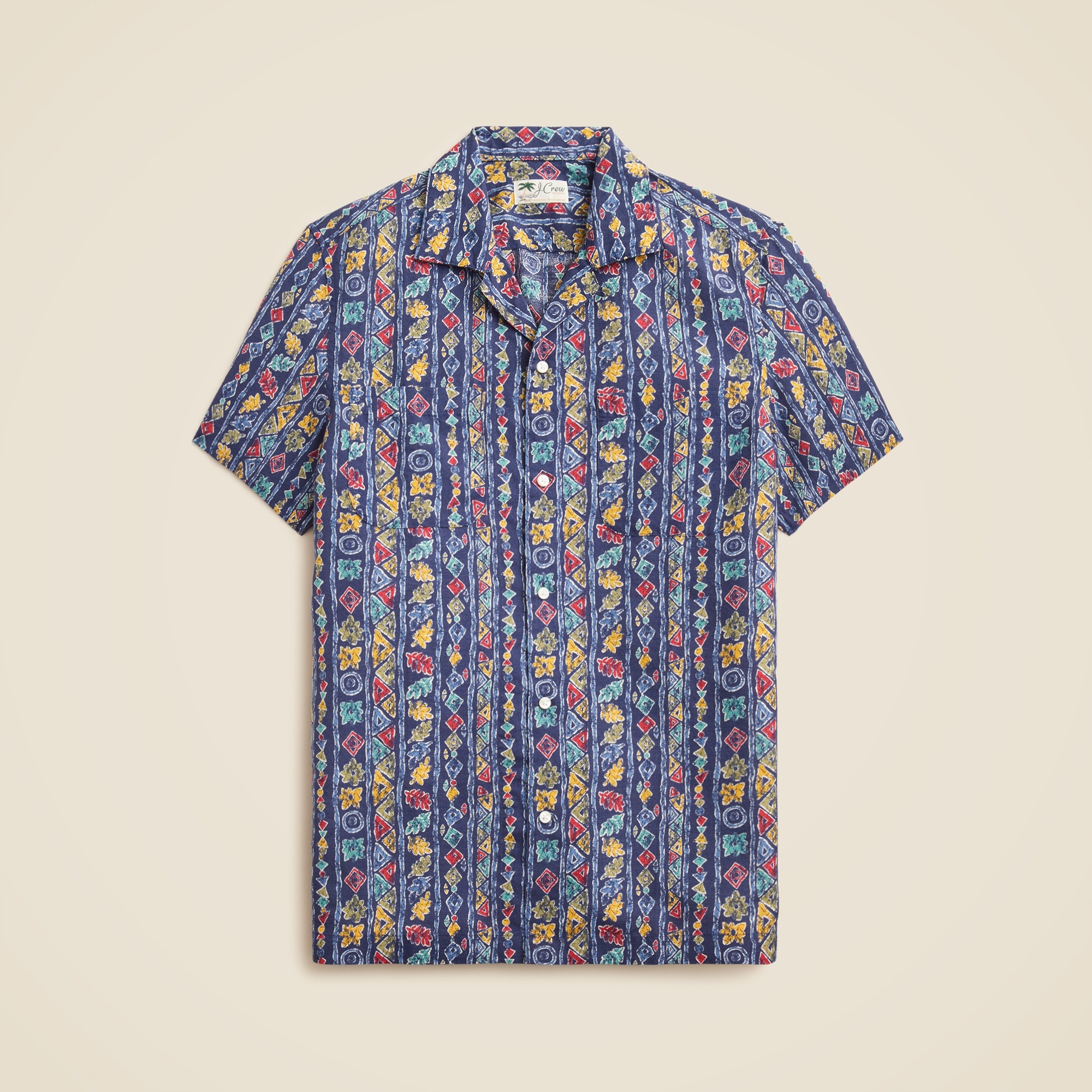 mens Short-sleeve slub cotton-linen blend camp-collar shirt in print