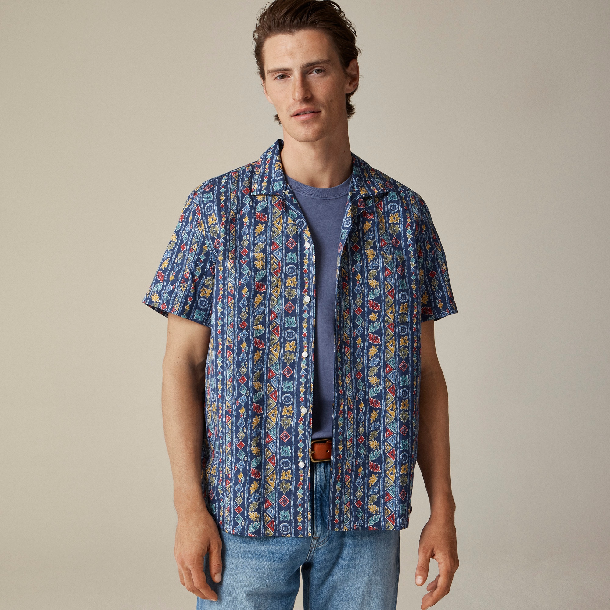 mens Short-sleeve slub cotton-linen blend camp-collar shirt in print