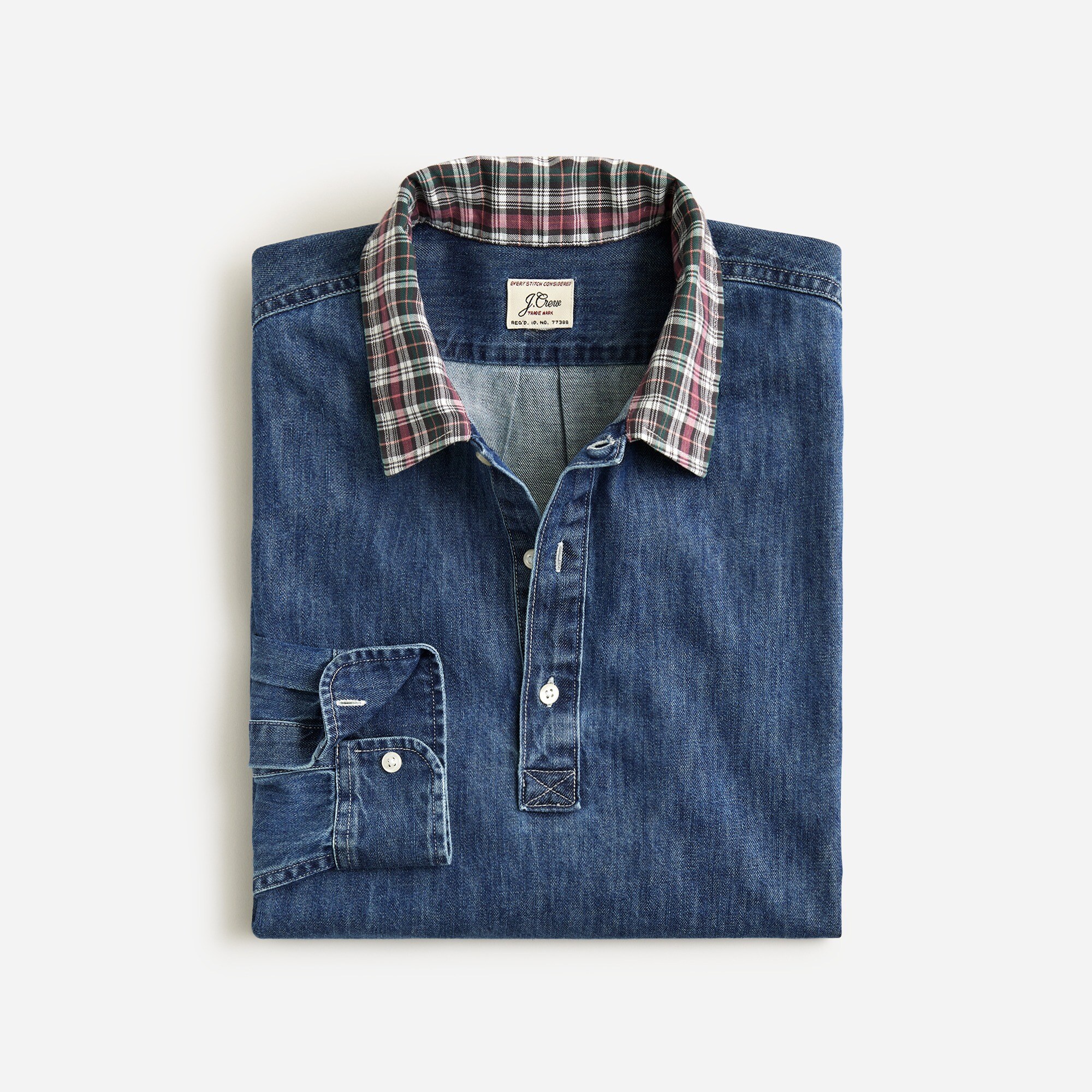 Denim rugby shirt with plaid collar