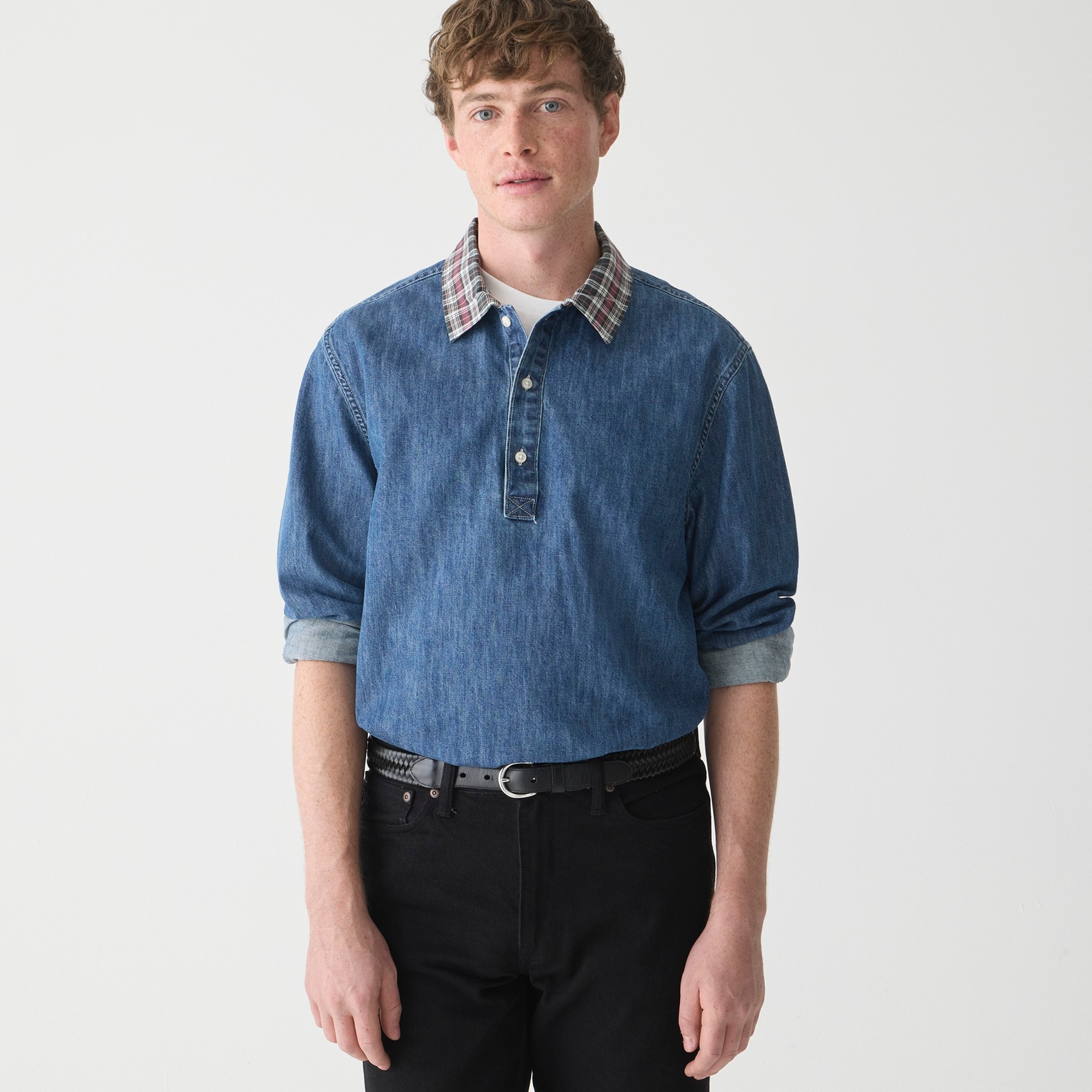 j.crew: denim rugby shirt with plaid collar for men