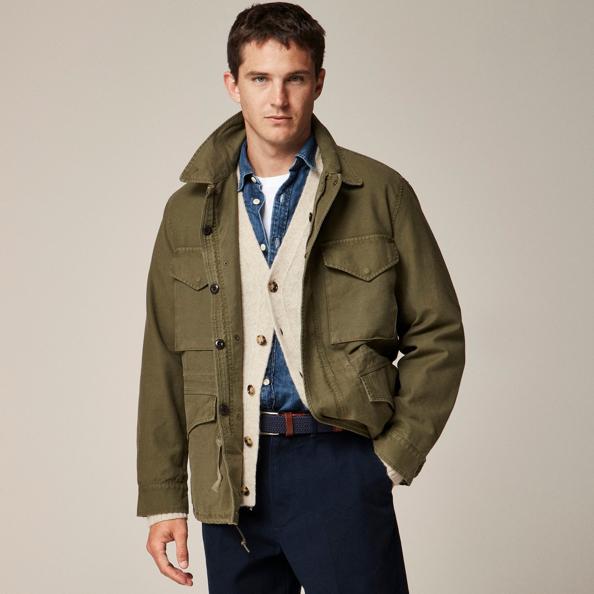 j.crew: garment-dyed field jacket in reverse cotton sateen for men