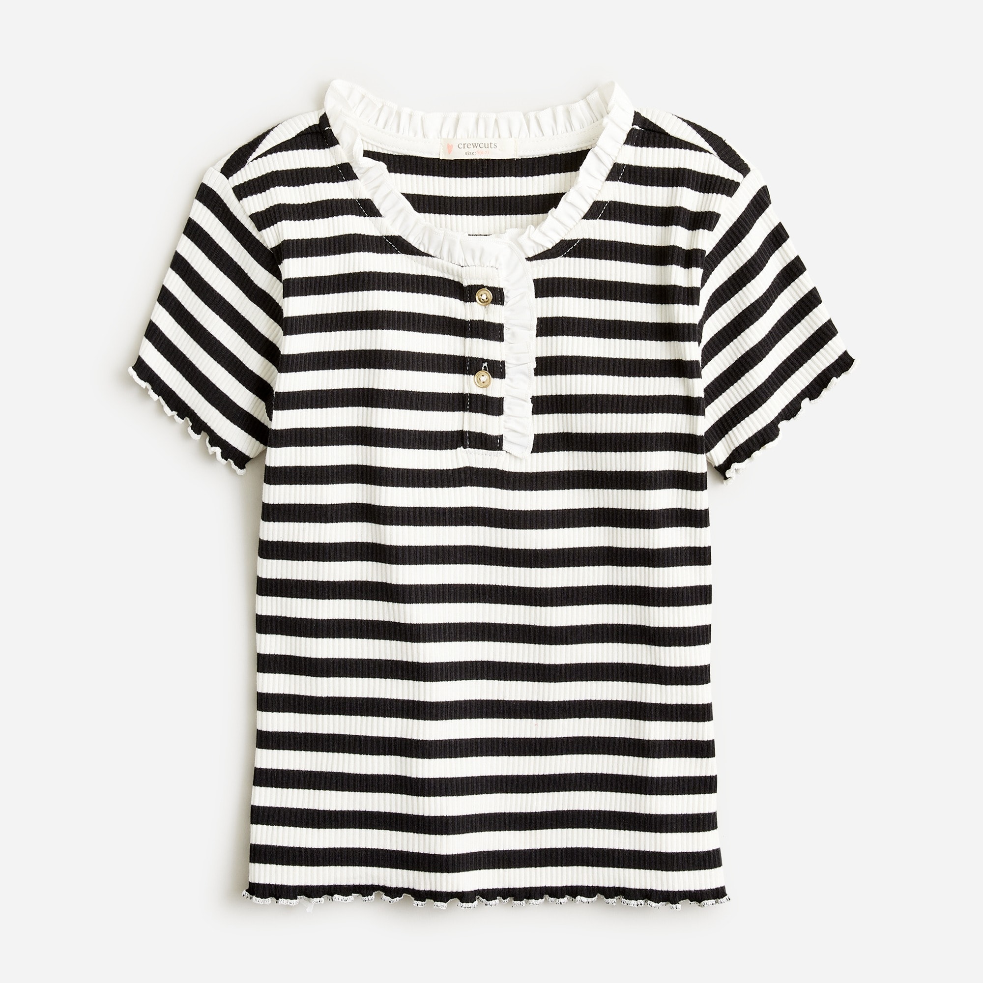  Girls' ruffle-trim T-shirt in striped vintage rib