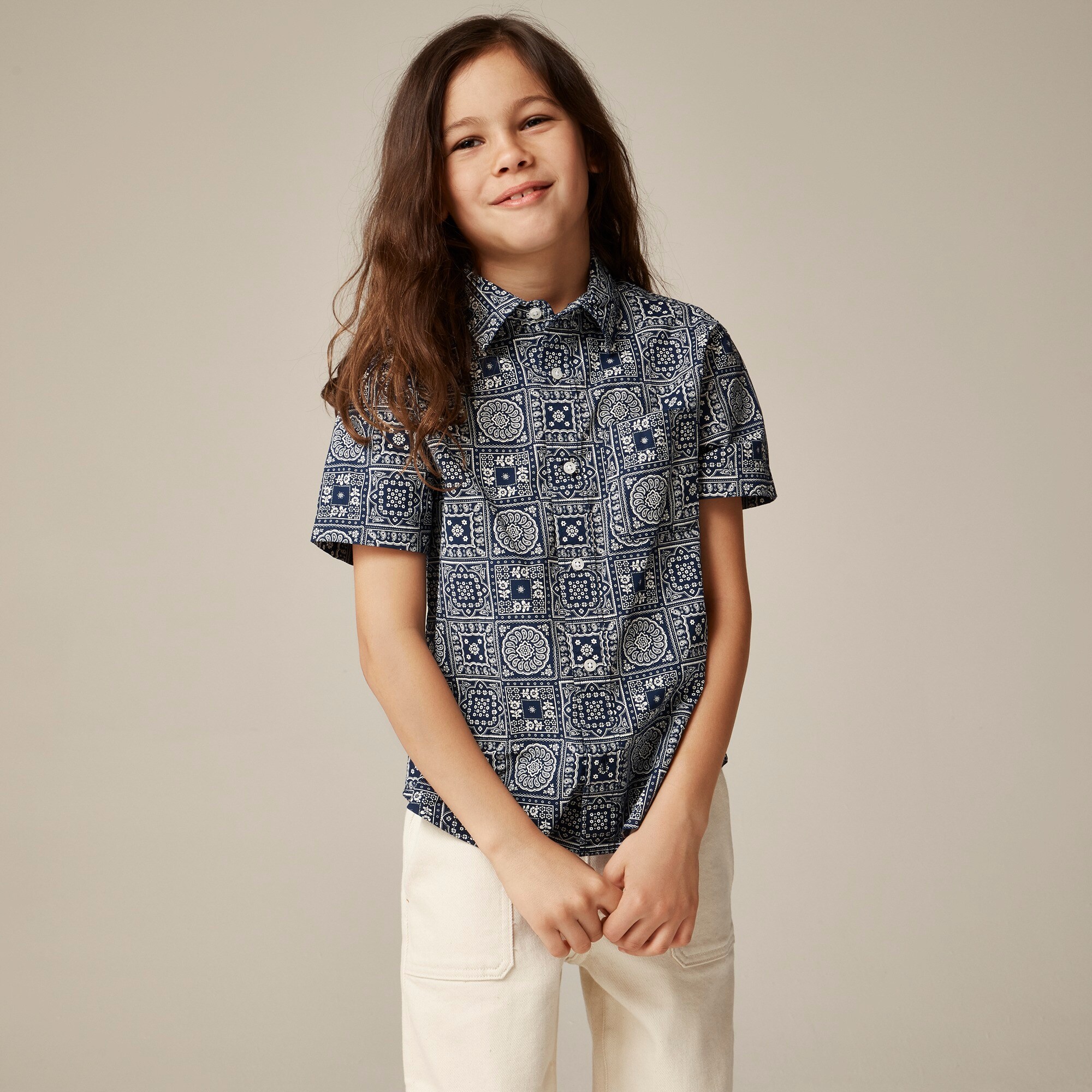  Kids' washed short-sleeve stretch poplin button-down in prints
